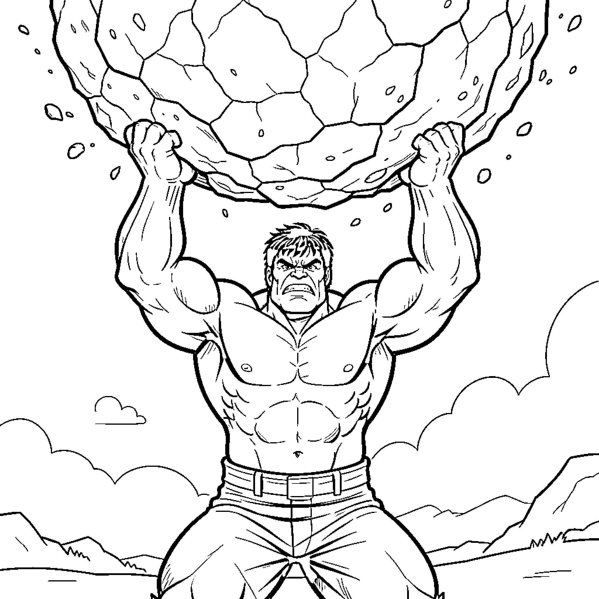 Hulk lifting a massive rock with intense expression Coloring Page (free black-and-white line drawing printable PDF for all, from beginners to advanced learners, including children, teens, adults, and seniors)