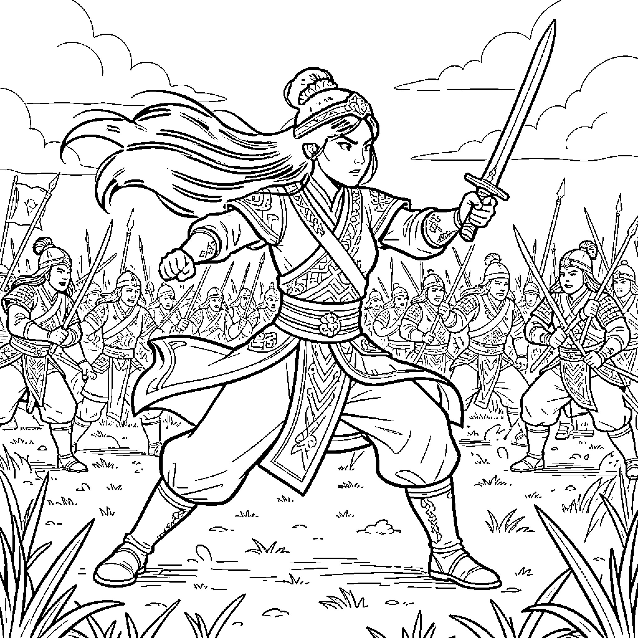 Mulan leading her army into battle Coloring Page (free black-and-white line drawing printable PDF for all, from beginners to advanced learners, including children, teens, adults, and seniors)