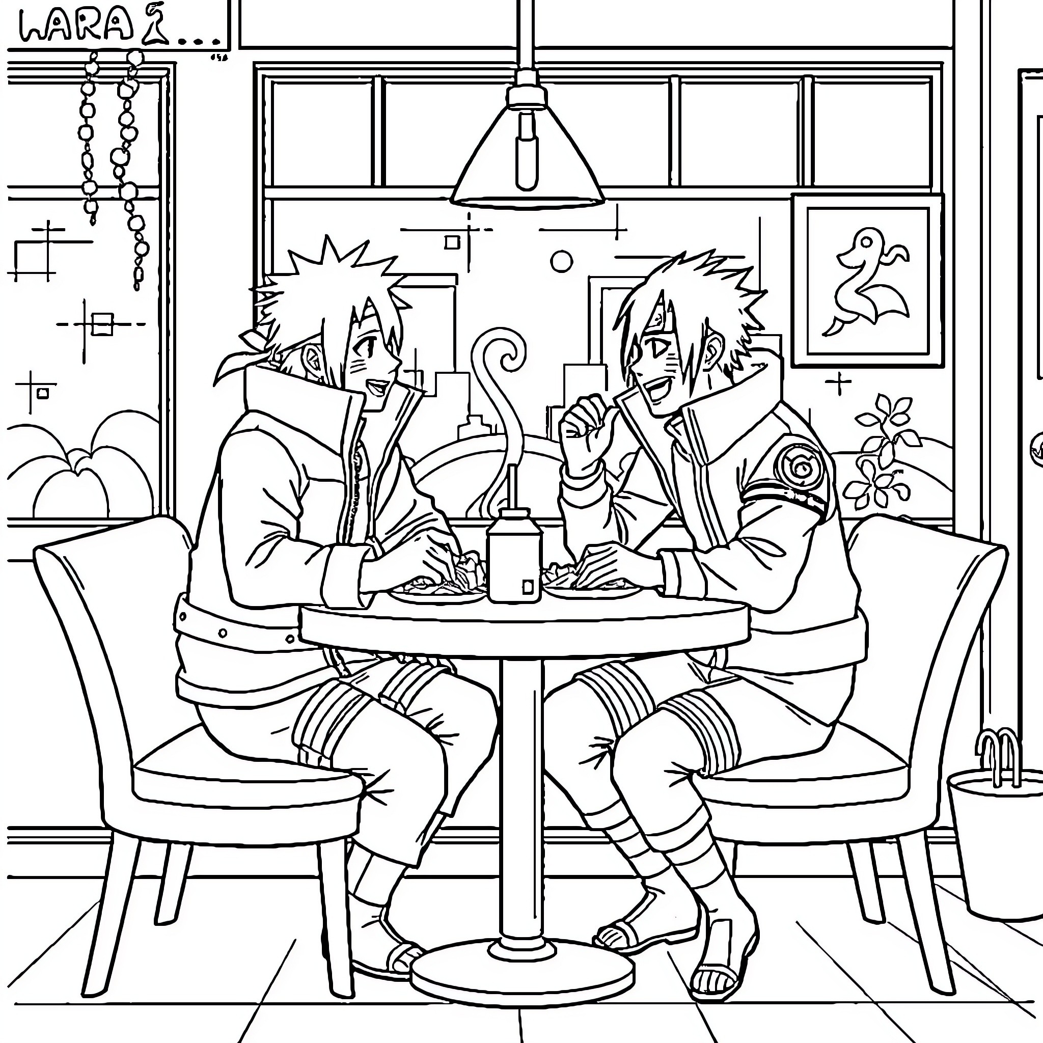 Naruto characters interacting in an indoor setting Coloring Page (free black-and-white line drawing printable PDF for all, from beginners to advanced learners, including children, teens, adults, and seniors)