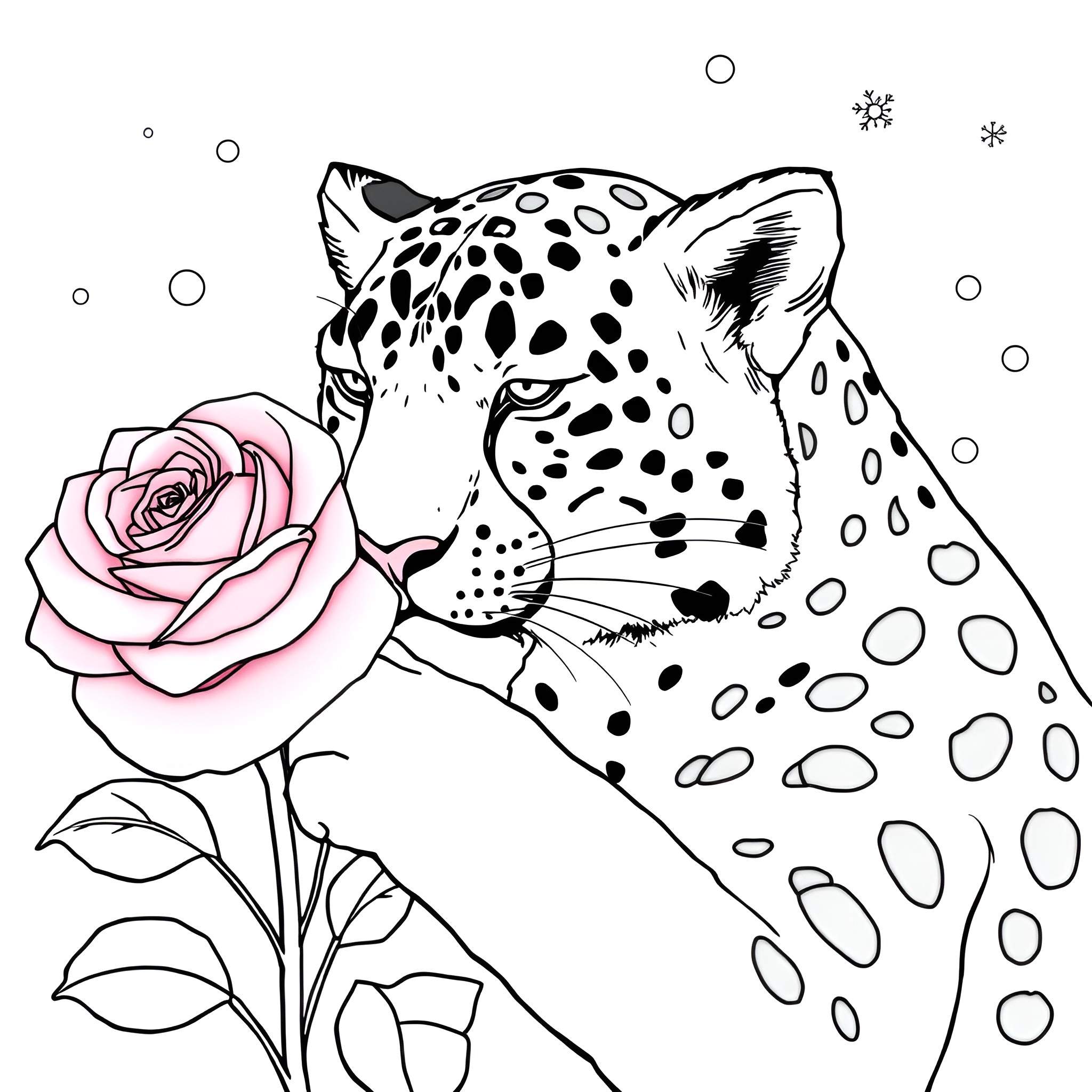 Snow Leopard Admiring a Delicate Rose Coloring Page (free black-and-white line drawing printable PDF for all, from beginners to advanced learners, including children, teens, adults, and seniors)