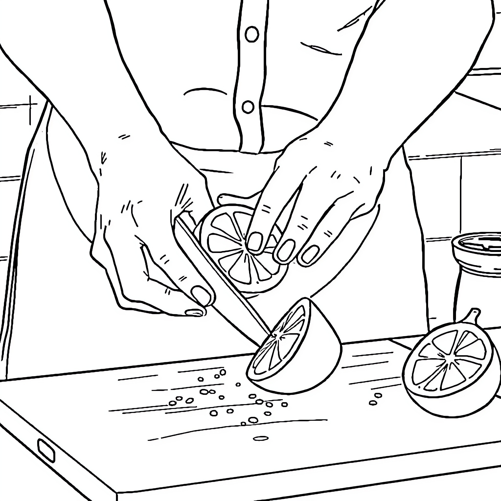 Ichigo's Cooking Prep with Citrus Fruits Coloring Page (free black-and-white line drawing printable PDF for all, from beginners to advanced learners, including children, teens, adults, and seniors)