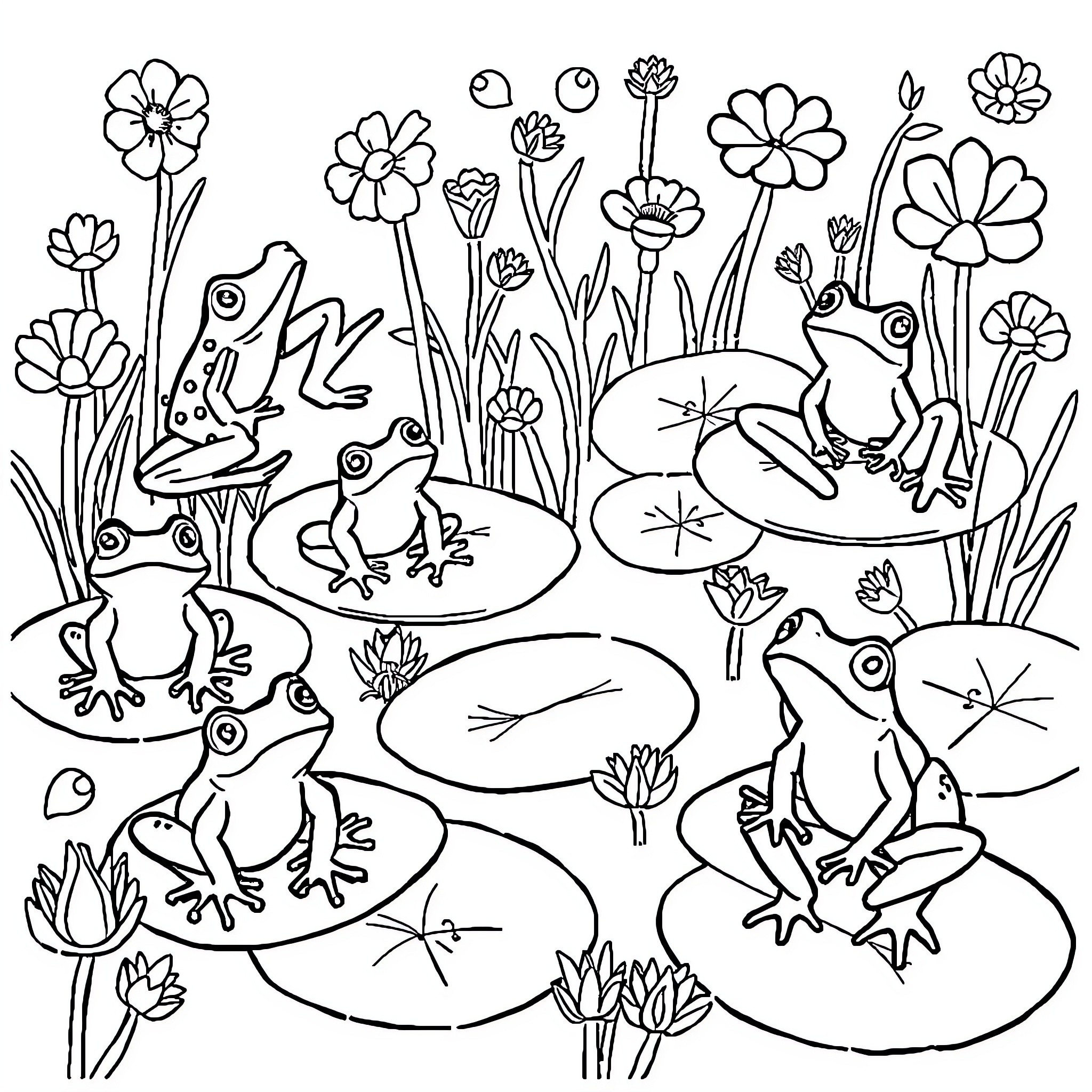Frogs hopping among lush flowers and lily pads Coloring Page (free black-and-white line drawing printable PDF for all, from beginners to advanced learners, including children, teens, adults, and seniors)