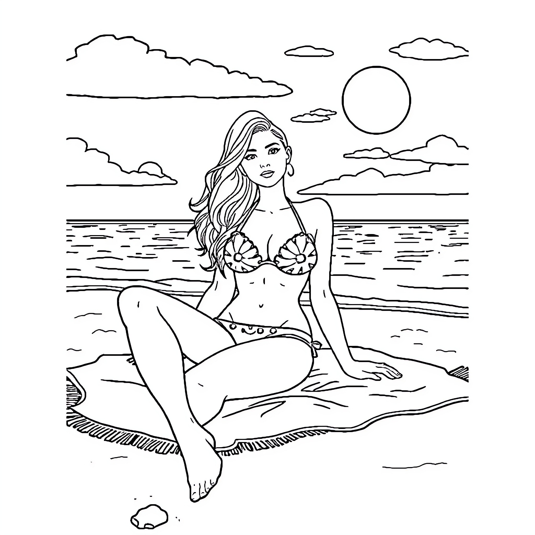 Teen Girl Relaxing at the Beach Coloring Page (free black-and-white line drawing printable PDF for all, from beginners to advanced learners, including children, teens, adults, and seniors)