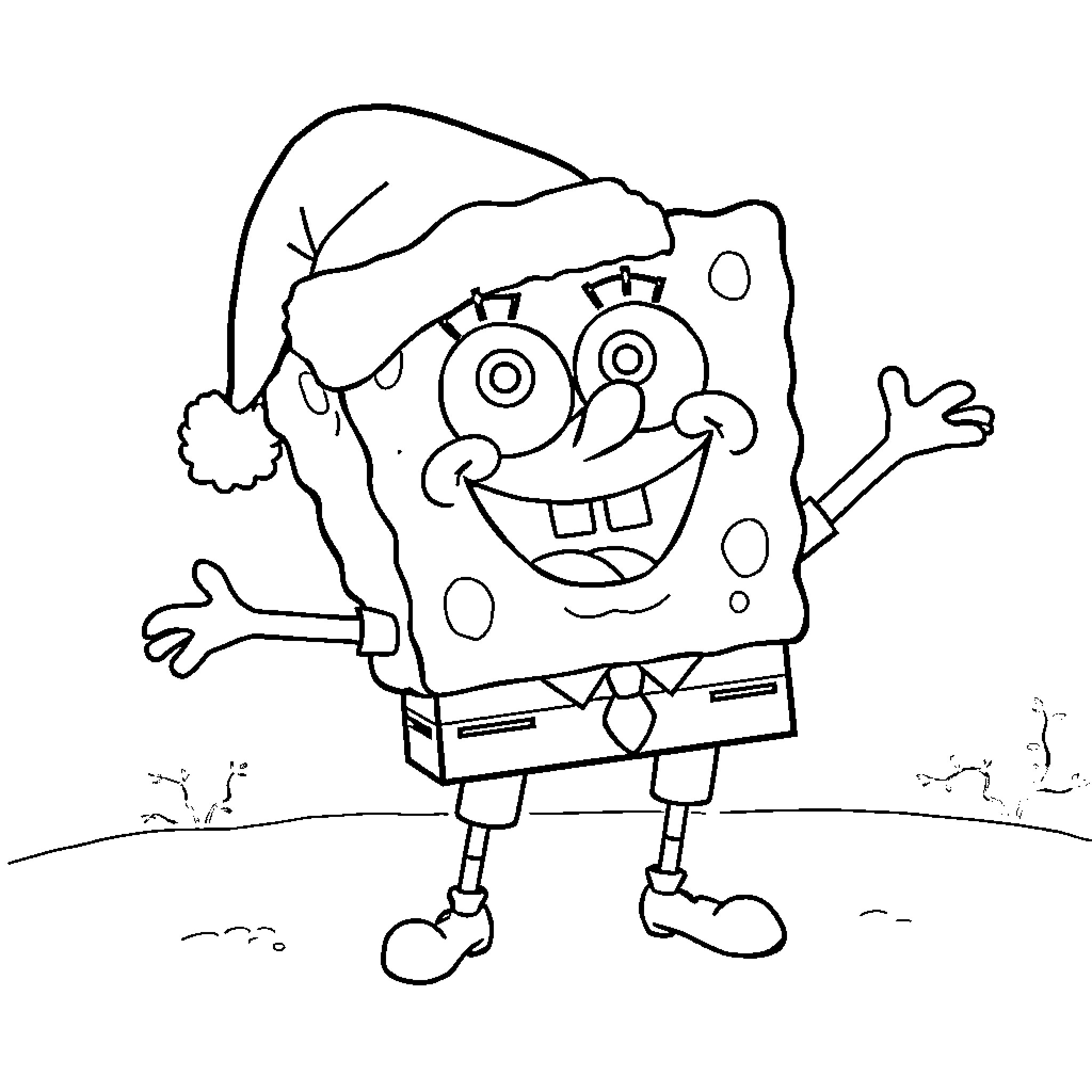 Spongebob wearing a Santa hat and waving happily Coloring Page (free black-and-white line drawing printable PDF for all, from beginners to advanced learners, including children, teens, adults, and seniors)