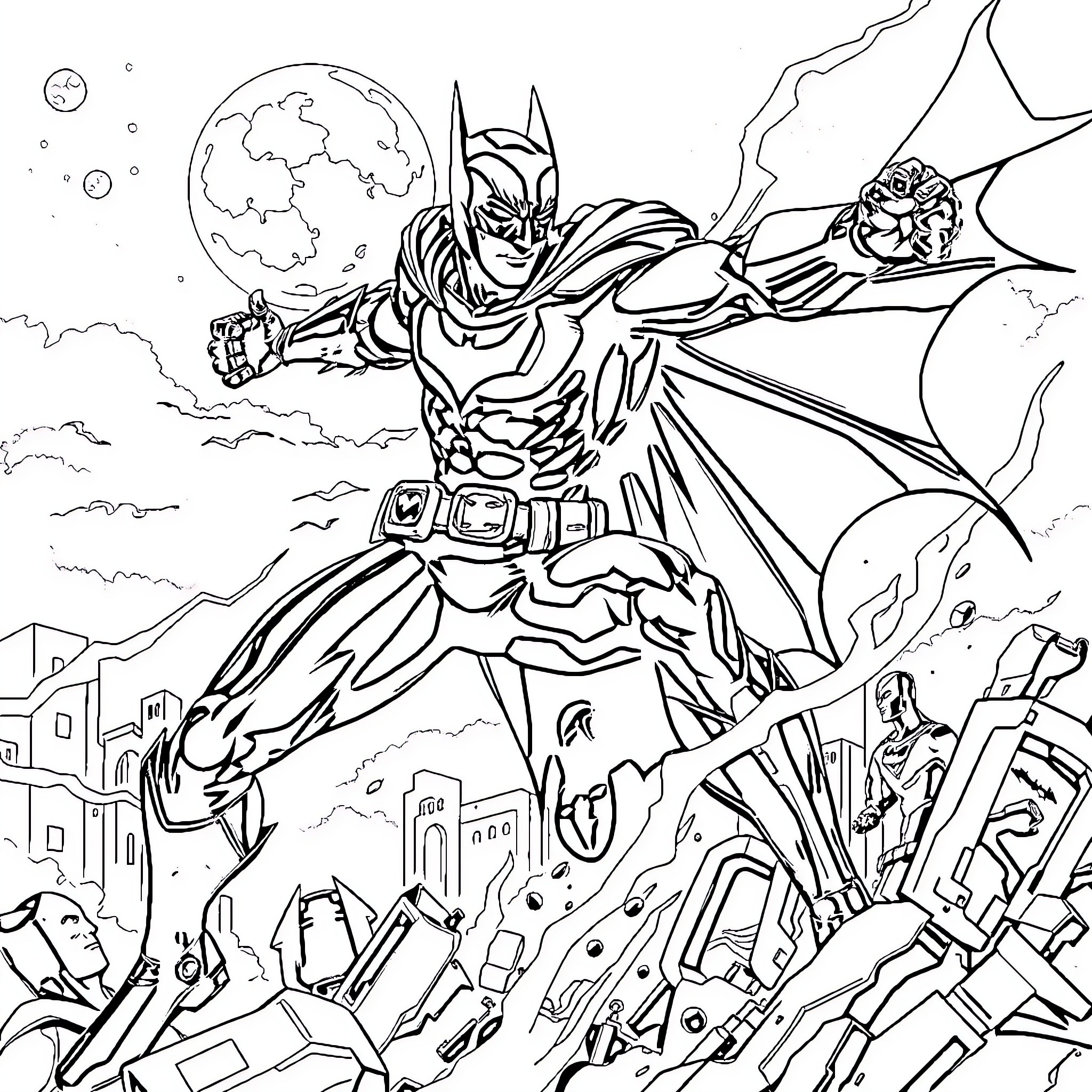 Nightwing Heroically Saving the City Coloring Page (free black-and-white line drawing printable PDF for all, from beginners to advanced learners, including children, teens, adults, and seniors)