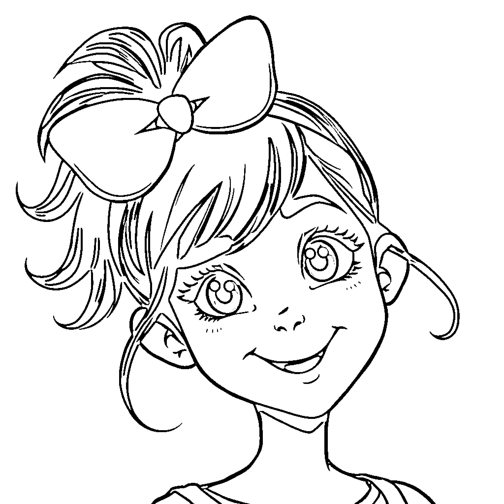 Girl with Bow Smiling Playfully Coloring Page (free black-and-white line drawing printable PDF for all, from beginners to advanced learners, including children, teens, adults, and seniors)