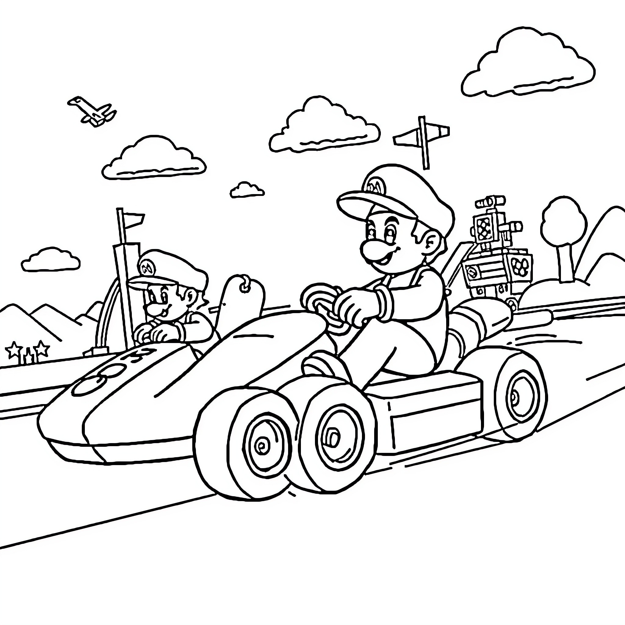 Mario Kart Racers Speeding Through Scenic Track Coloring Page (free black-and-white line drawing printable PDF for all, from beginners to advanced learners, including children, teens, adults, and seniors)