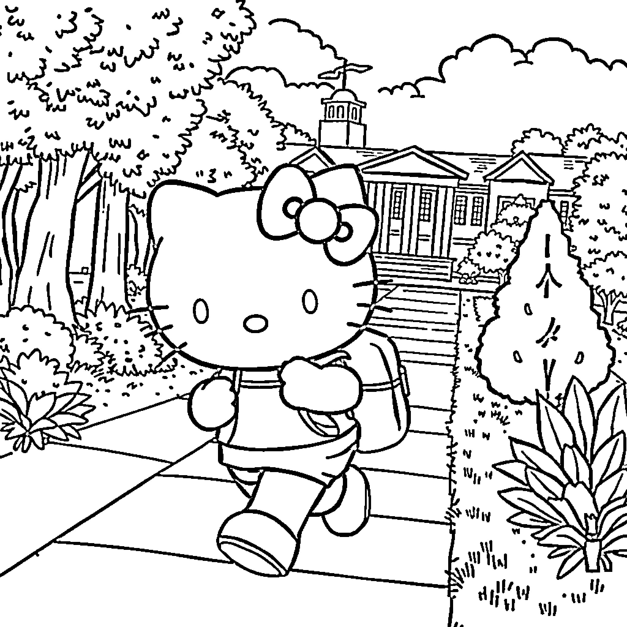 Hello Kitty explores a cozy village scene Coloring Page (free black-and-white line drawing printable PDF for all, from beginners to advanced learners, including children, teens, adults, and seniors)