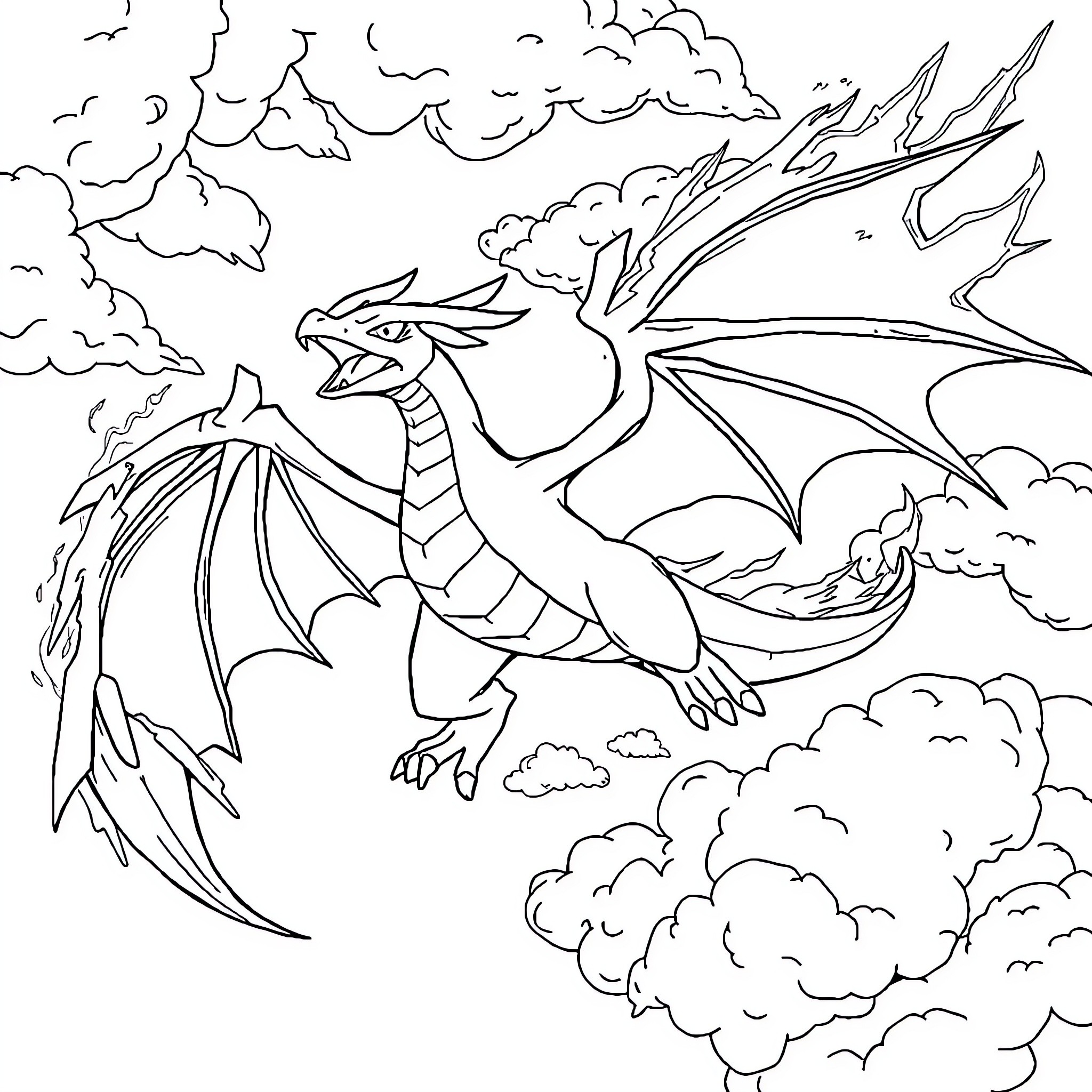 Dracaufeu soaring through the cloudy skies Coloring Page (free black-and-white line drawing printable PDF for all, from beginners to advanced learners, including children, teens, adults, and seniors)