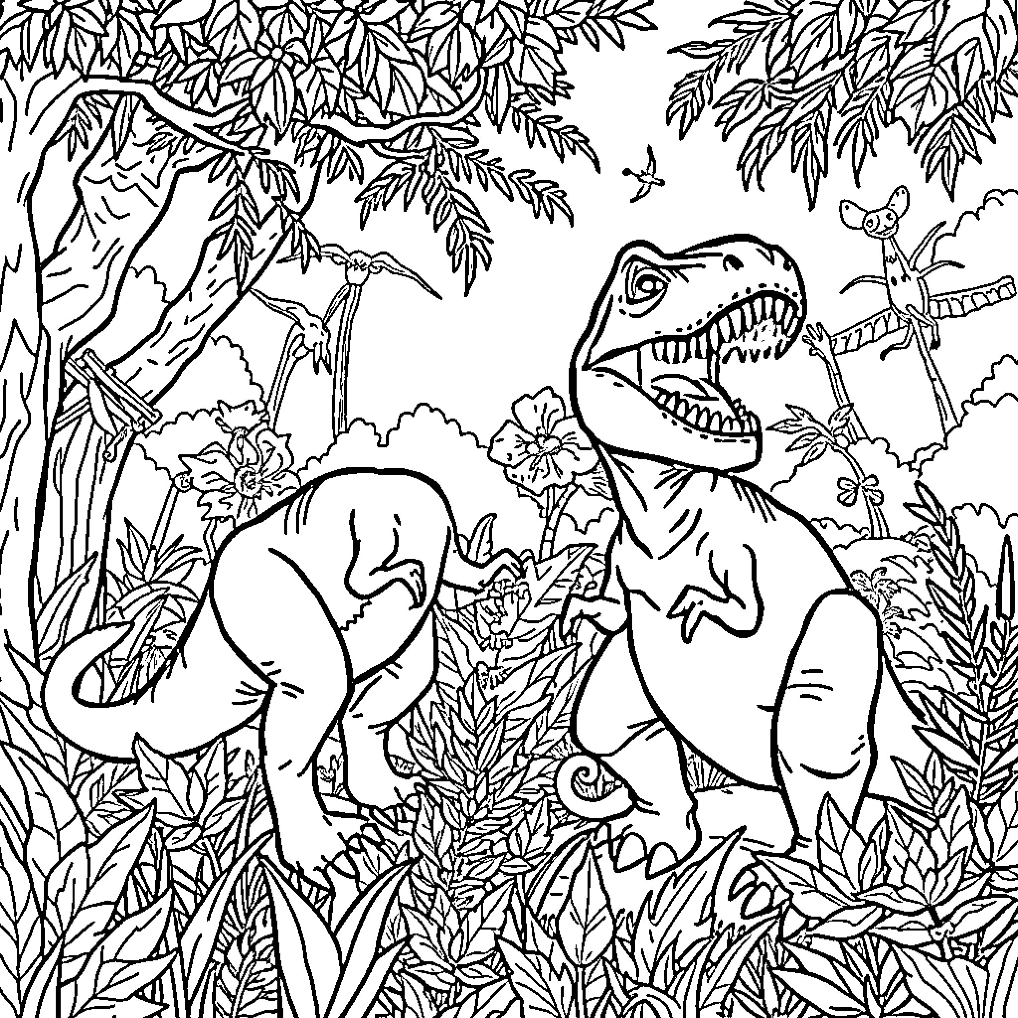 Dinosaurs roaming through a lush jungle landscape Coloring Page (free black-and-white line drawing printable PDF for all, from beginners to advanced learners, including children, teens, adults, and seniors)