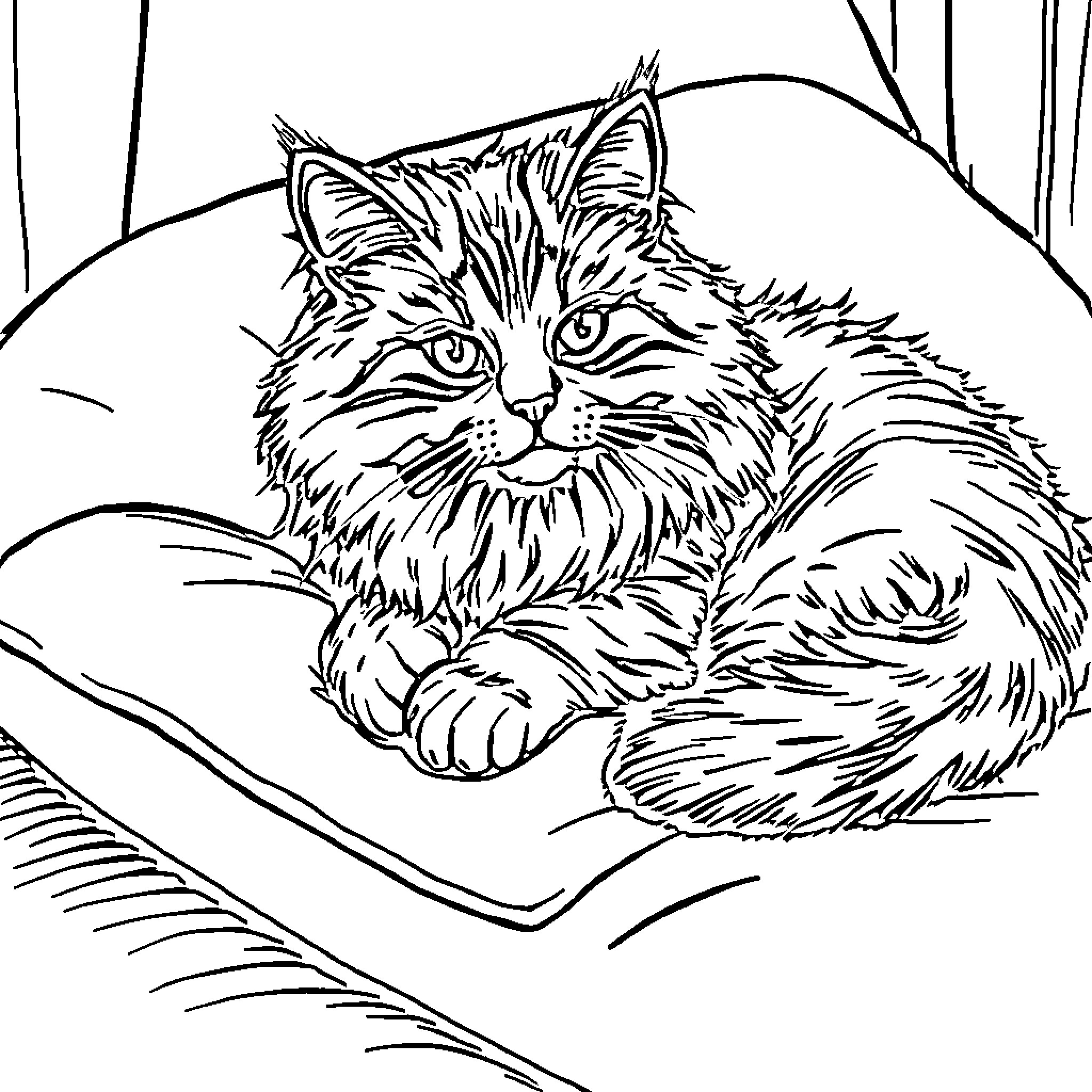 Cat resting calmly in the woods Coloring Page (free black-and-white line drawing printable PDF for all, from beginners to advanced learners, including children, teens, adults, and seniors)