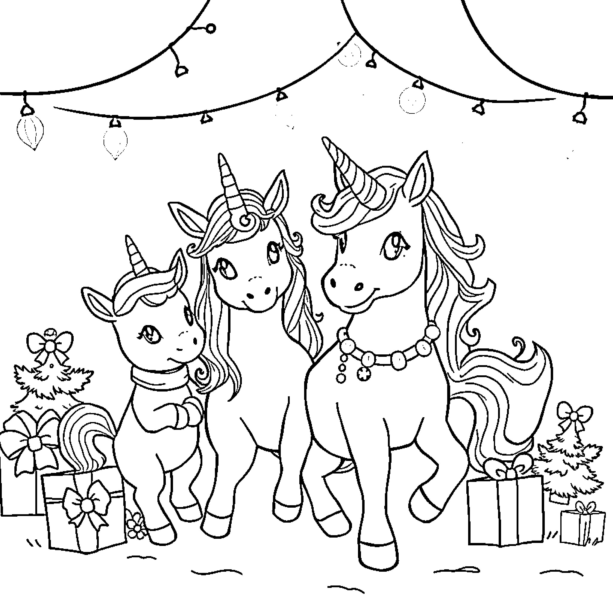 Unicorn friends celebrating with gifts and garlands Coloring Page (free black-and-white line drawing printable PDF for all, from beginners to advanced learners, including children, teens, adults, and seniors)