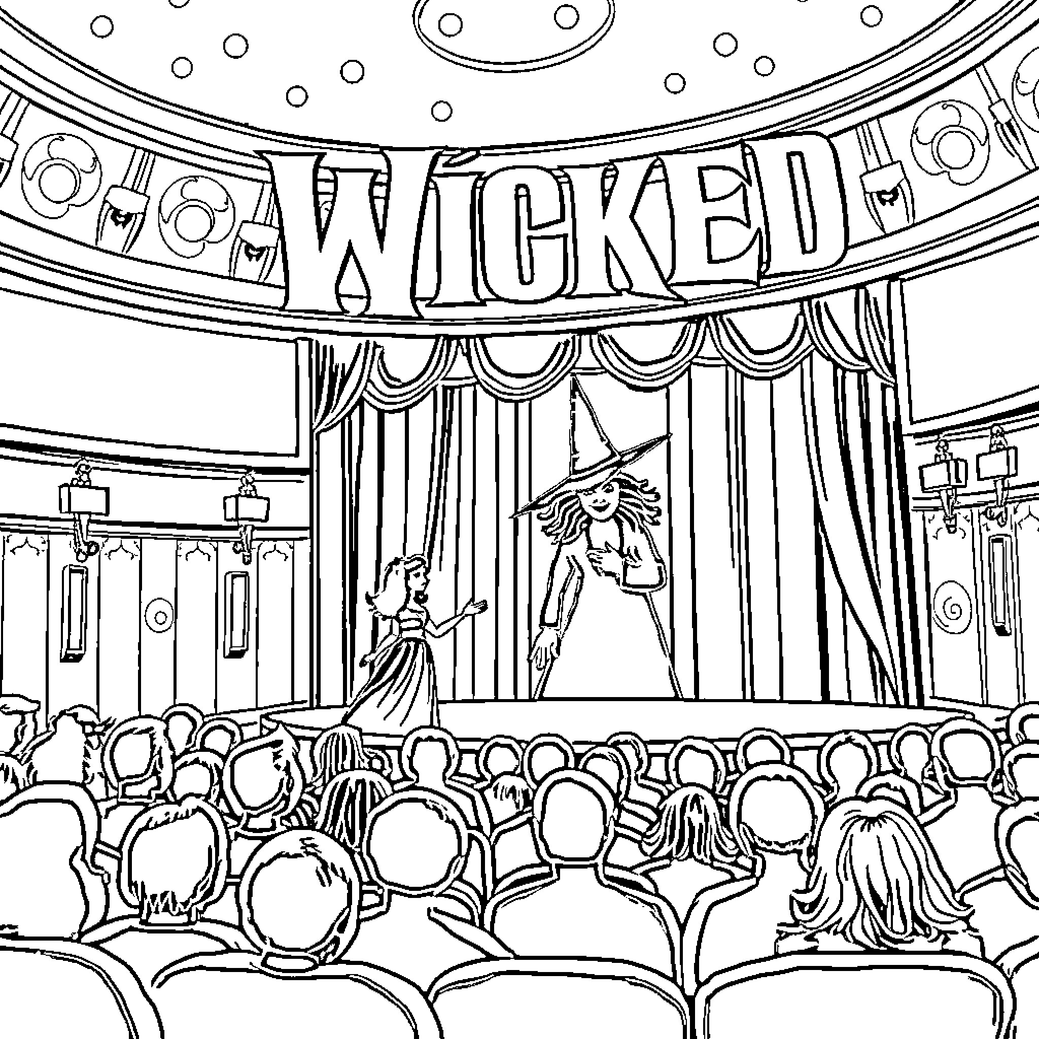 Wicked theatre performance with dramatic stage Coloring Page (free black-and-white line drawing printable PDF for all, from beginners to advanced learners, including children, teens, adults, and seniors)