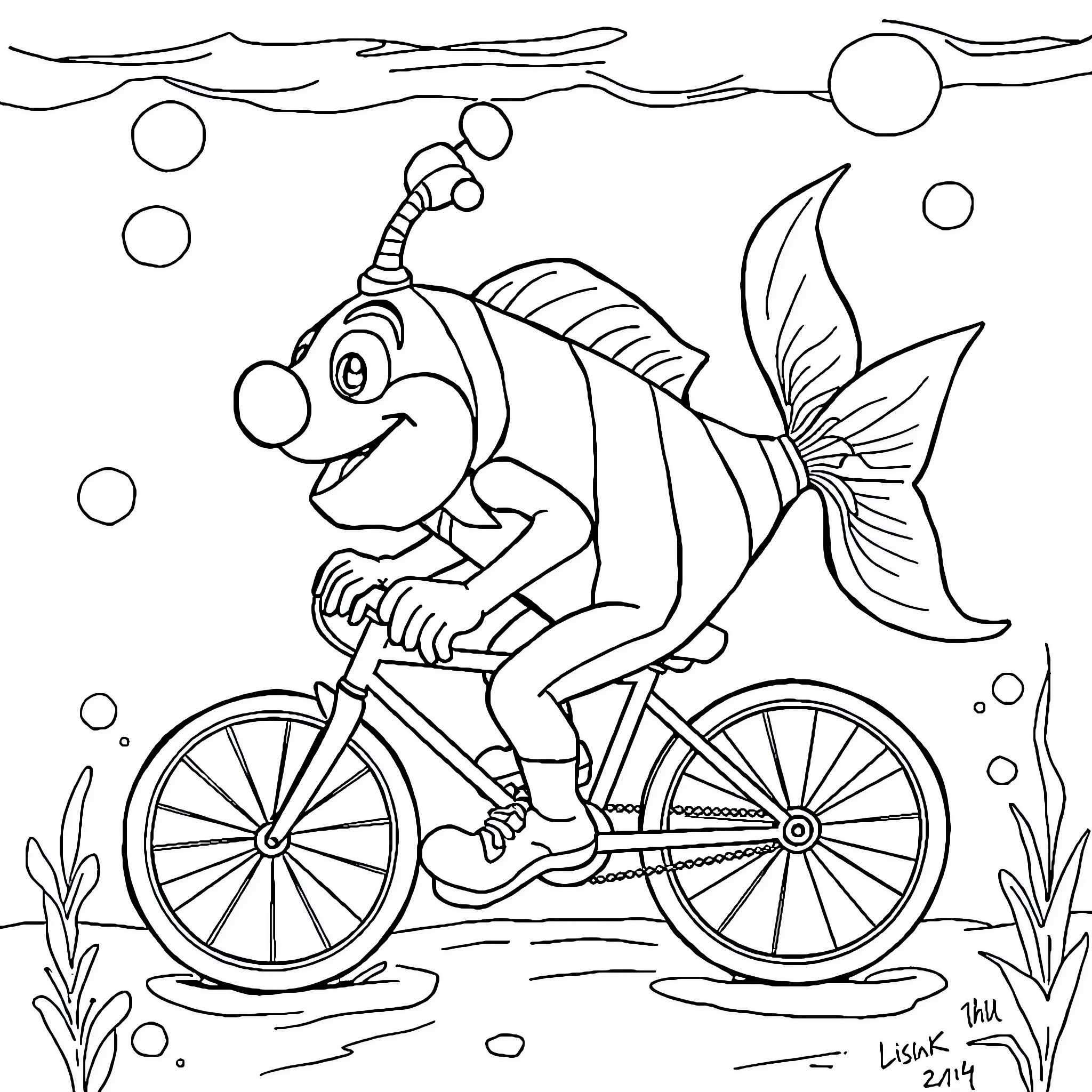 Clownfish riding a bicycle in the ocean Coloring Page (free black-and-white line drawing printable PDF for all, from beginners to advanced learners, including children, teens, adults, and seniors)