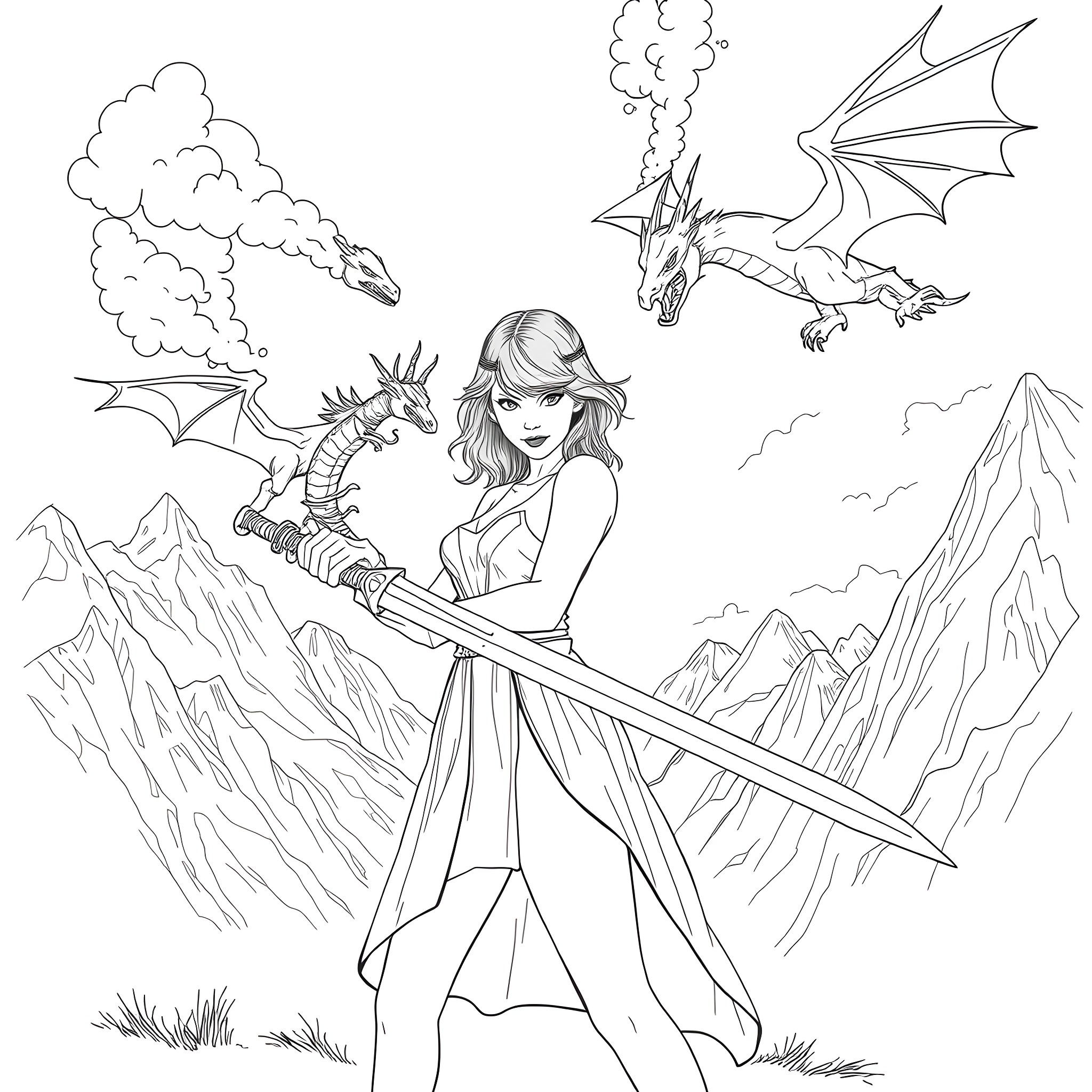 Taylor Swift battling fearsome dragons in an epic fantasy scene Coloring Page (free black-and-white line drawing printable PDF for all, from beginners to advanced learners, including children, teens, adults, and seniors)