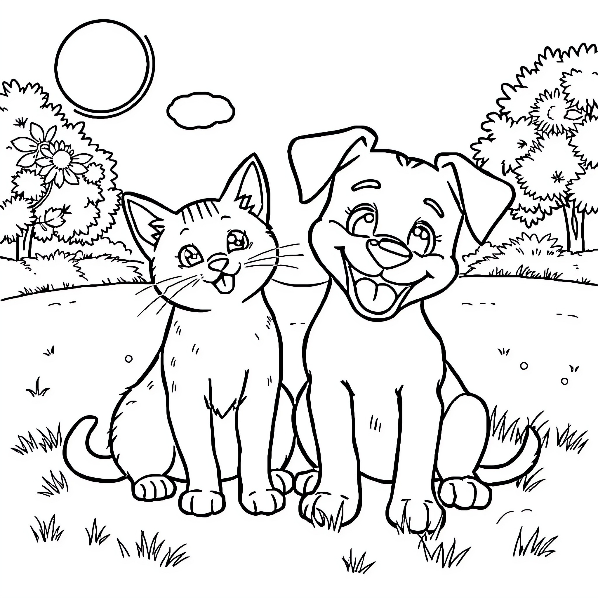 Cat and Dog Playing Happily Together in Nature Coloring Page (free black-and-white line drawing printable PDF for all, from beginners to advanced learners, including children, teens, adults, and seniors)