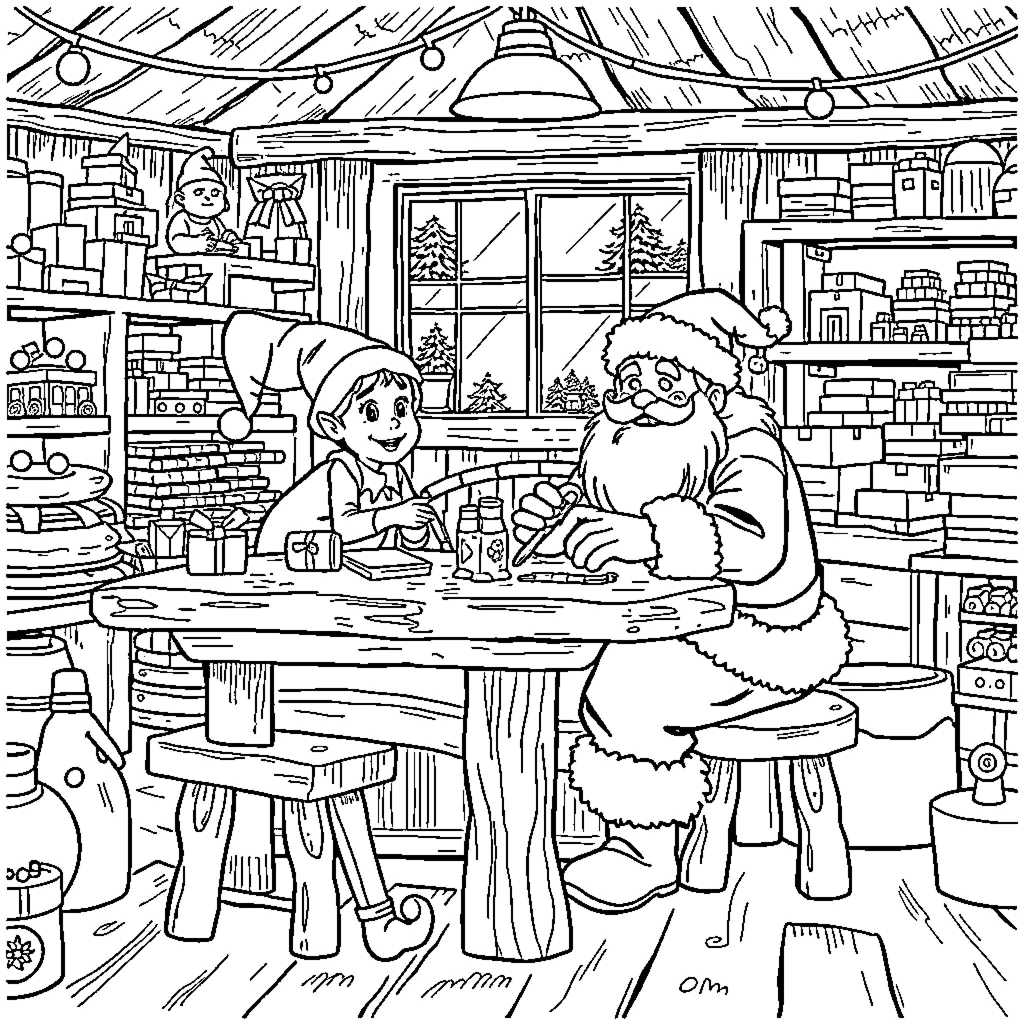 Santa visiting a cozy winter workshop Coloring Page (free black-and-white line drawing printable PDF for all, from beginners to advanced learners, including children, teens, adults, and seniors)