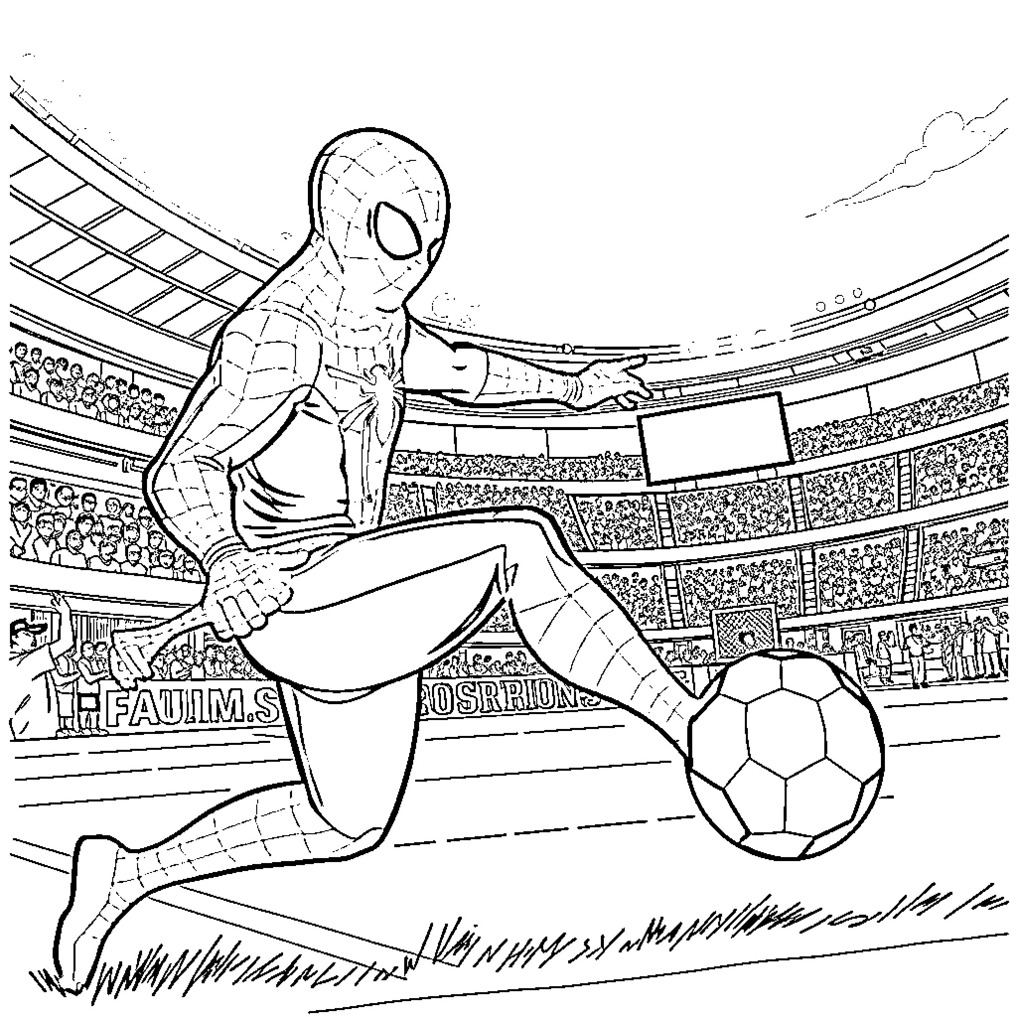 Spider-Man playing soccer in a crowded stadium Coloring Page (free black-and-white line drawing printable PDF for all, from beginners to advanced learners, including children, teens, adults, and seniors)