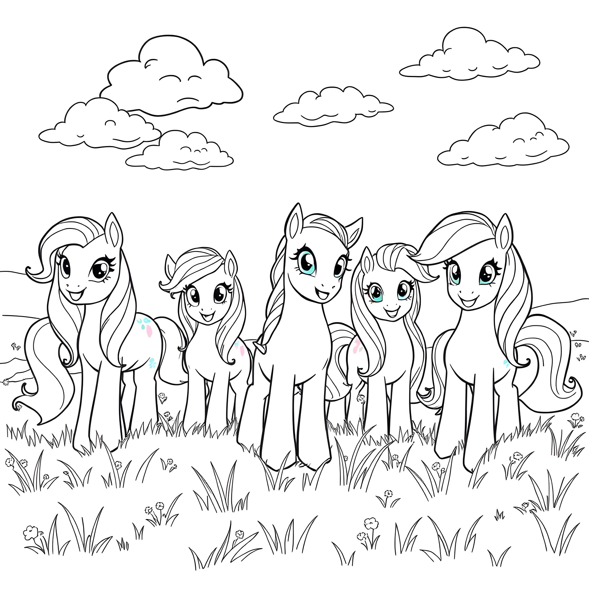 Pony friends enjoying a sunny day in the meadow Coloring Page (free black-and-white line drawing printable PDF for all, from beginners to advanced learners, including children, teens, adults, and seniors)