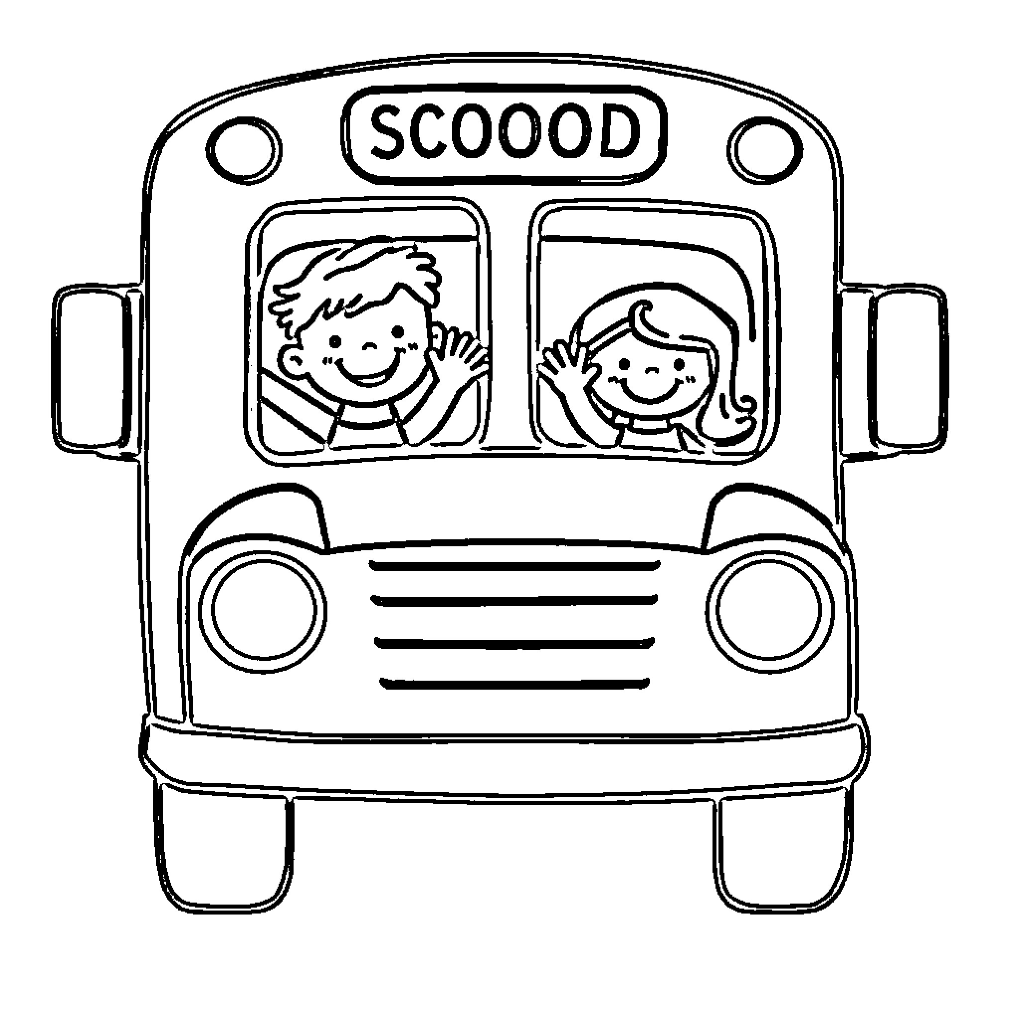 Bus with happy kids waving Coloring Page (free black-and-white line drawing printable PDF for all, from beginners to advanced learners, including children, teens, adults, and seniors)