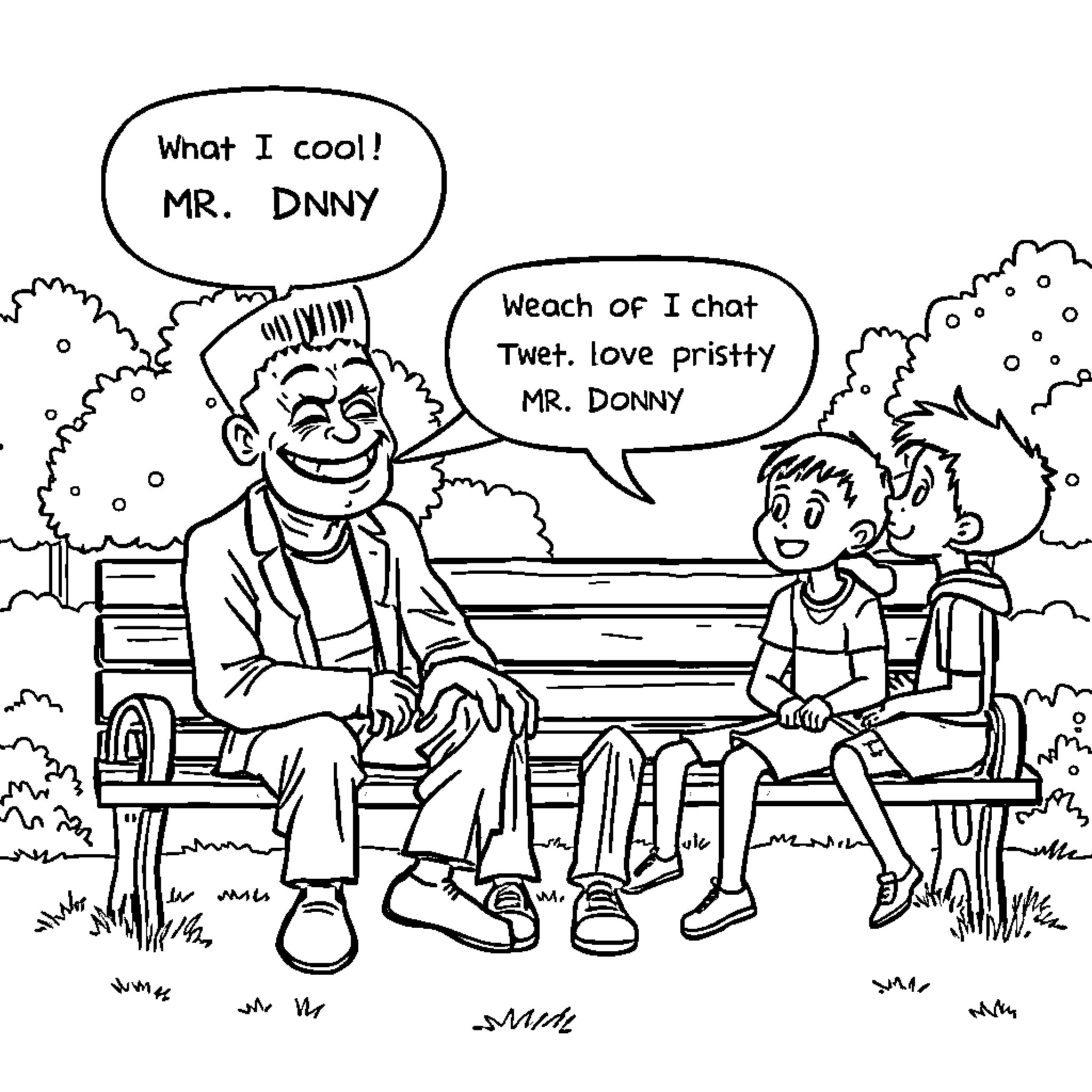 Frankenstein's Students Playfully Interact with Teacher Coloring Page (free black-and-white line drawing printable PDF for all, from beginners to advanced learners, including children, teens, adults, and seniors)