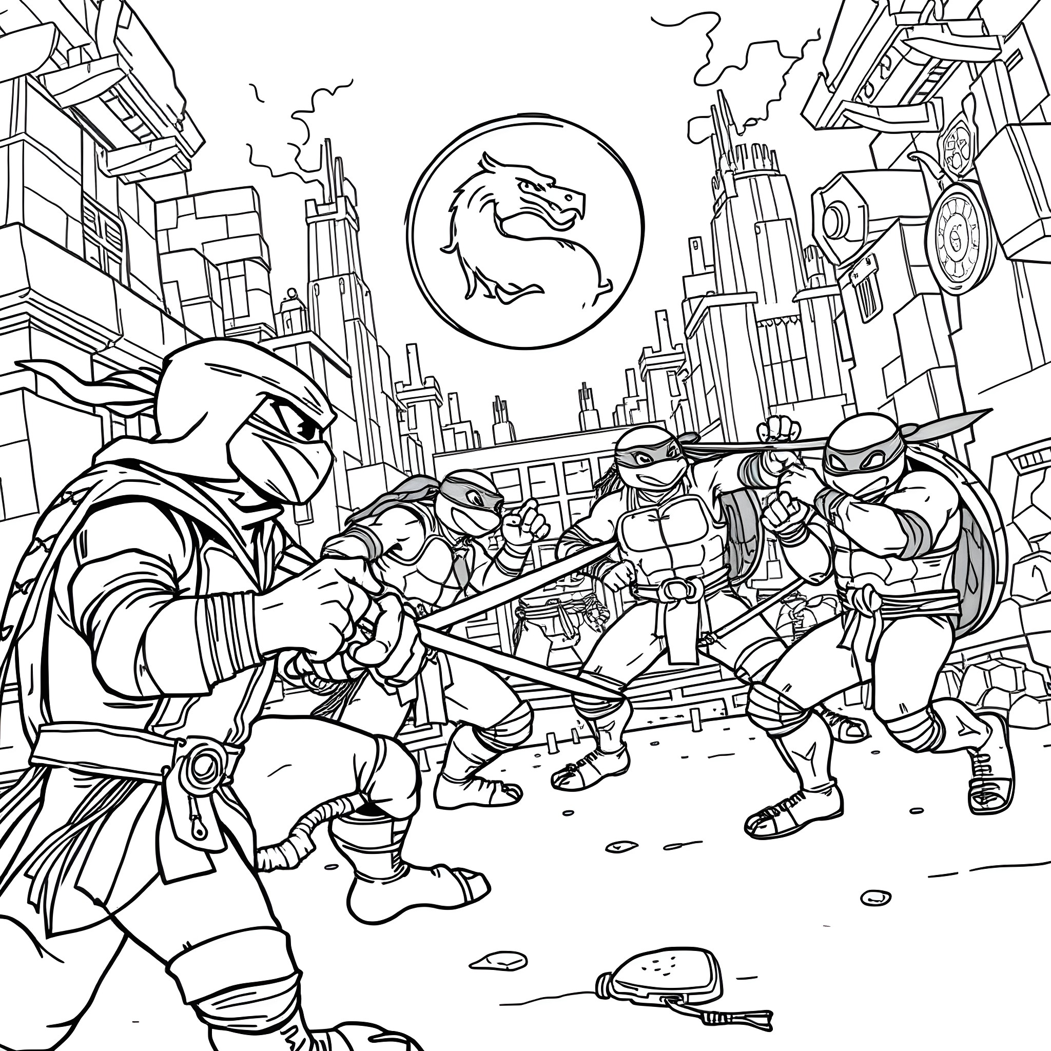 Mortal Kombat: Intense battle in the urban city Coloring Page (free black-and-white line drawing printable PDF for all, from beginners to advanced learners, including children, teens, adults, and seniors)