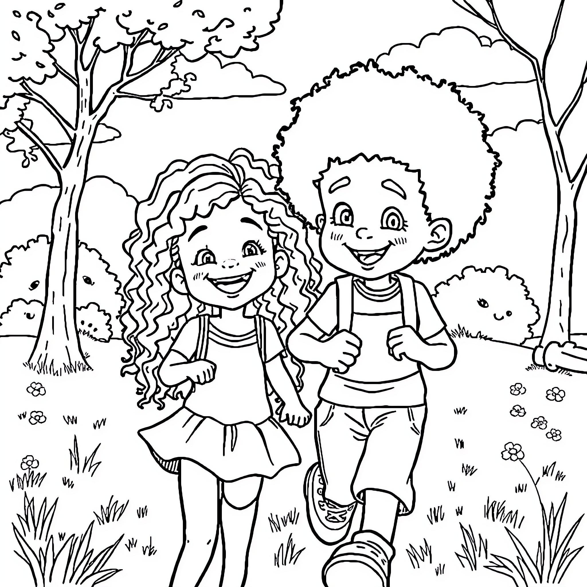 Child siblings playing happily outdoors Coloring Page (free black-and-white line drawing printable PDF for all, from beginners to advanced learners, including children, teens, adults, and seniors)
