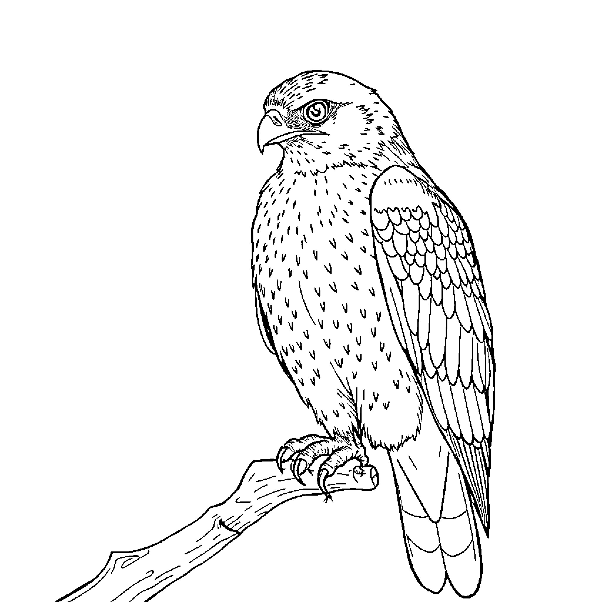Hawk perched on branch in detailed sketch Coloring Page (free black-and-white line drawing printable PDF for all, from beginners to advanced learners, including children, teens, adults, and seniors)