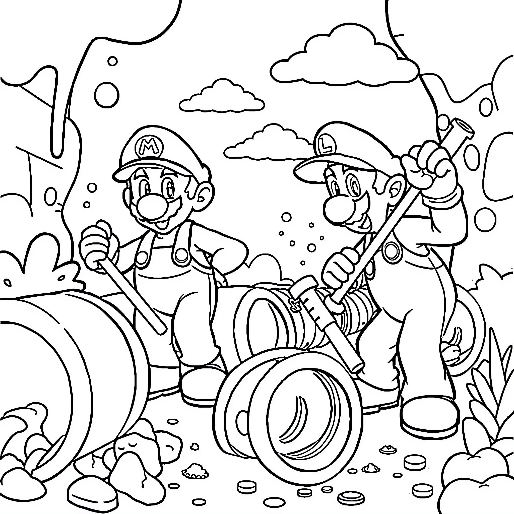 Mario and Luigi exploring the outdoors Coloring Page (free black-and-white line drawing printable PDF for all, from beginners to advanced learners, including children, teens, adults, and seniors)