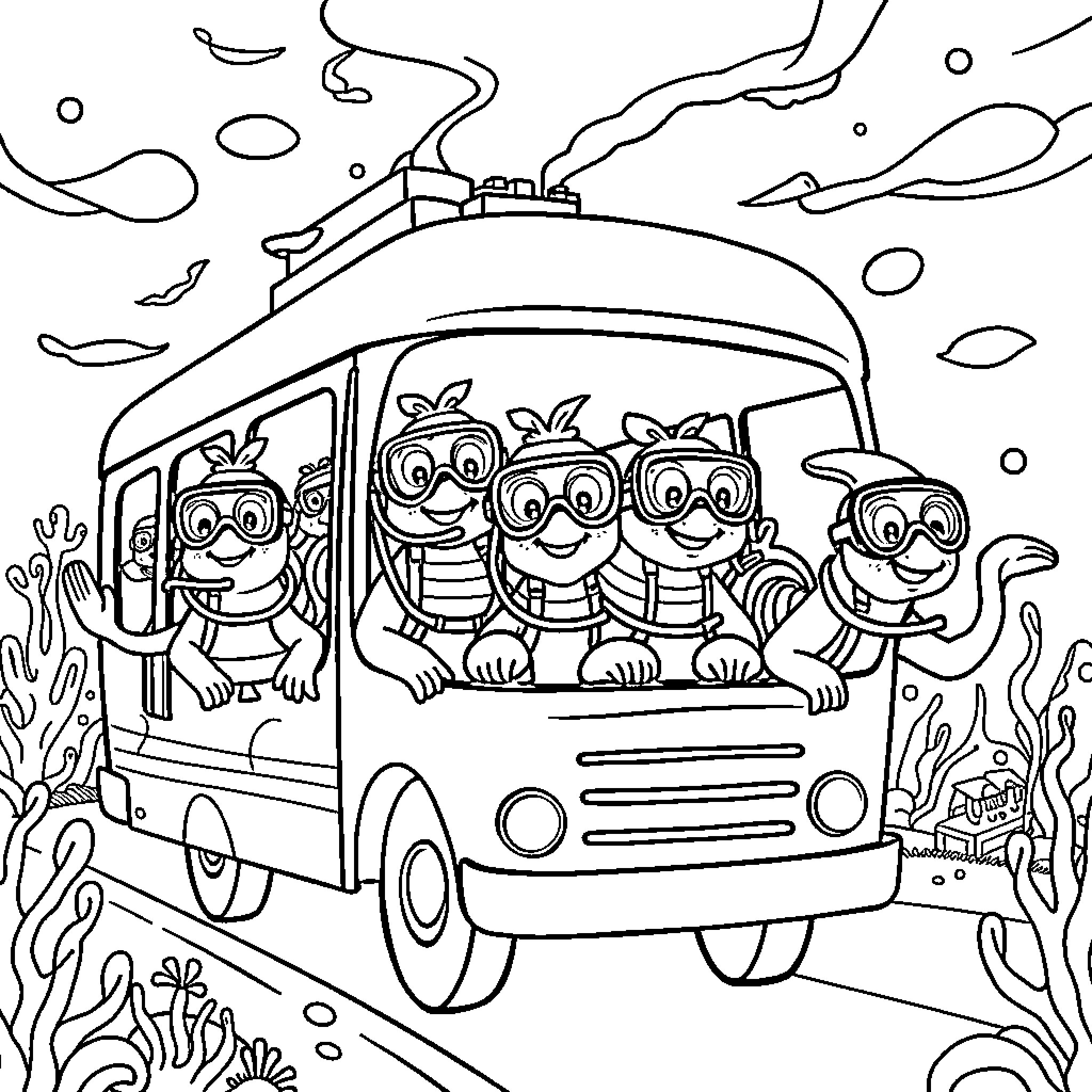 Narwal family on a fun underwater bus ride Coloring Page (free black-and-white line drawing printable PDF for all, from beginners to advanced learners, including children, teens, adults, and seniors)