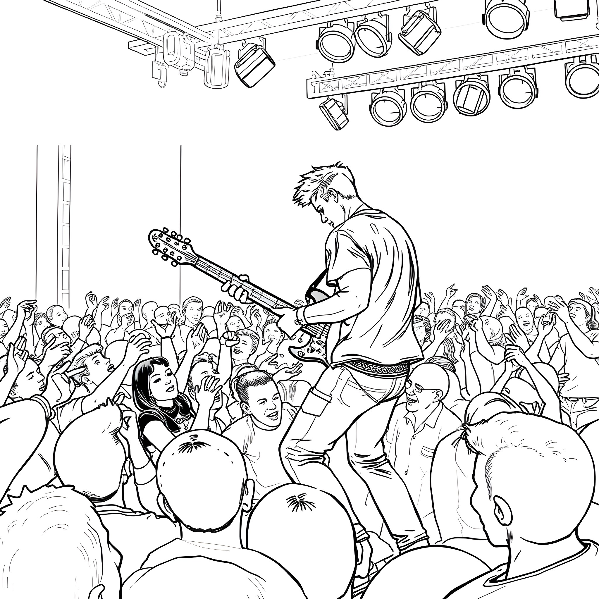 Machine Gun Kelly's Energetic Performance on Stage Coloring Page (free black-and-white line drawing printable PDF for all, from beginners to advanced learners, including children, teens, adults, and seniors)