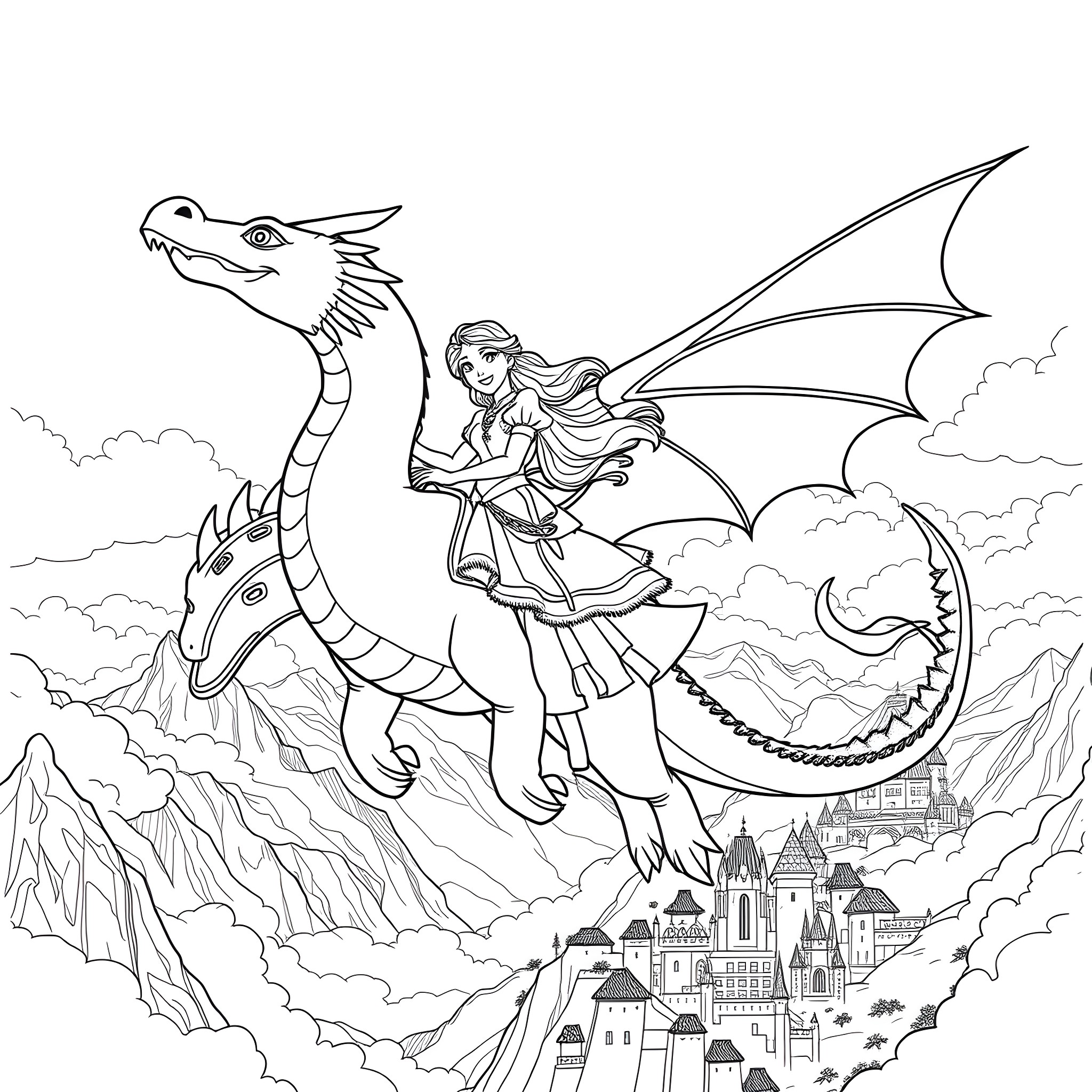 Elena riding a majestic dragon over a fantasy landscape Coloring Page (free black-and-white line drawing printable PDF for all, from beginners to advanced learners, including children, teens, adults, and seniors)