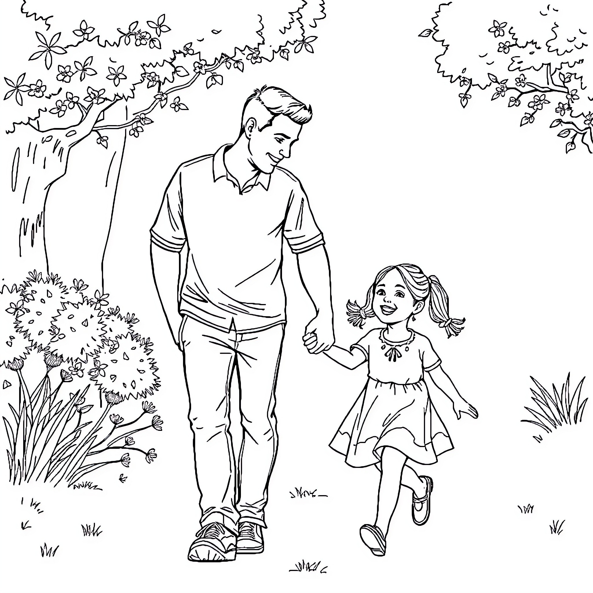 Daughter and father strolling through nature Coloring Page (free black-and-white line drawing printable PDF for all, from beginners to advanced learners, including children, teens, adults, and seniors)