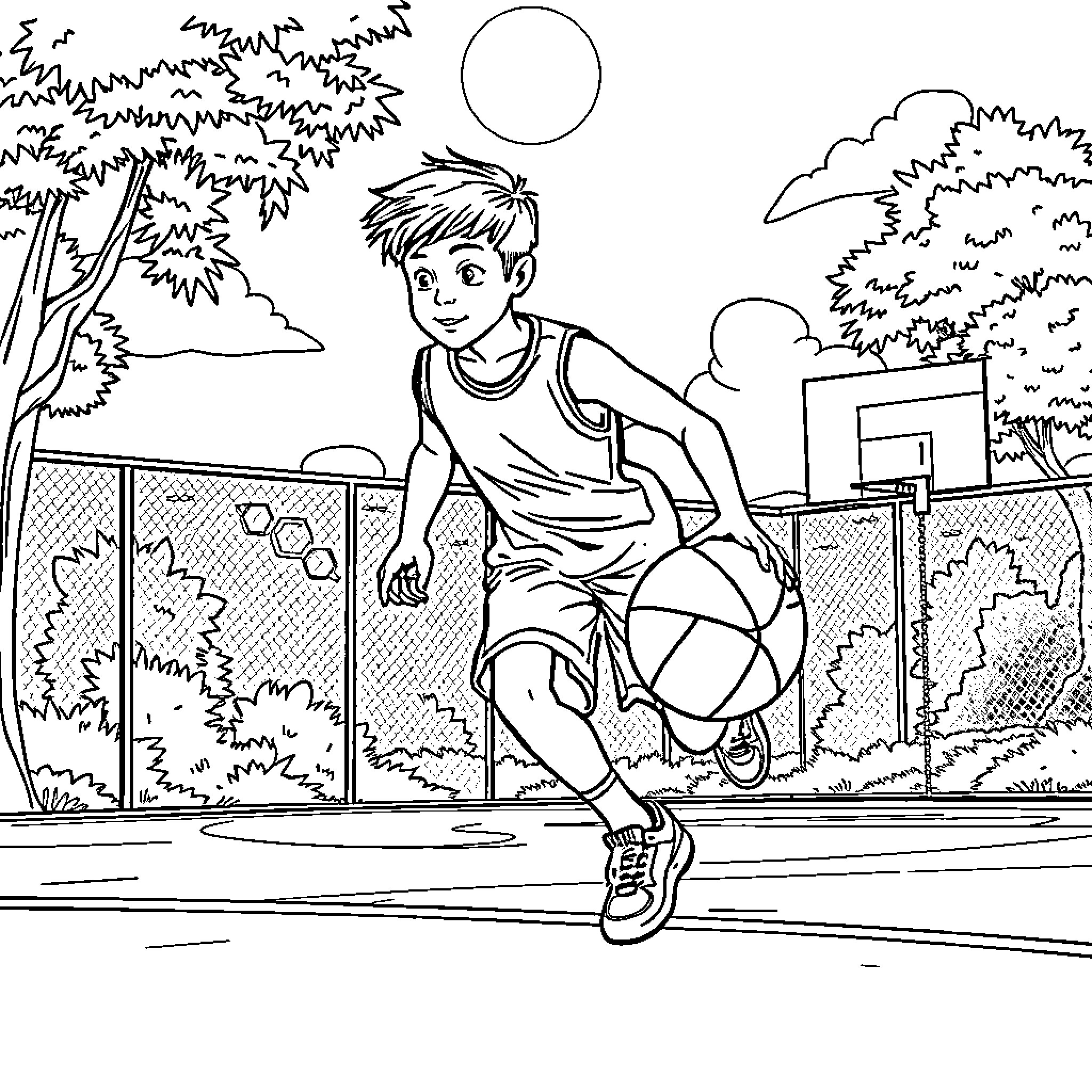 Boy playing basketball on the court Coloring Page (free black-and-white line drawing printable PDF for all, from beginners to advanced learners, including children, teens, adults, and seniors)