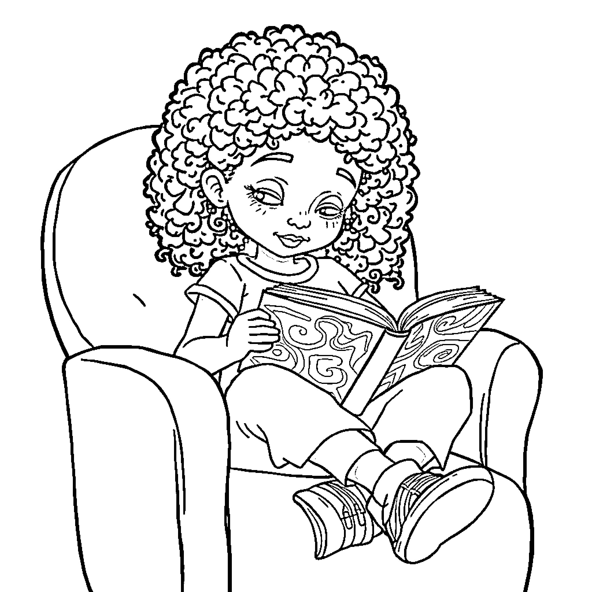 Girl reading a book in a chair Coloring Page (free black-and-white line drawing printable PDF for all, from beginners to advanced learners, including children, teens, adults, and seniors)