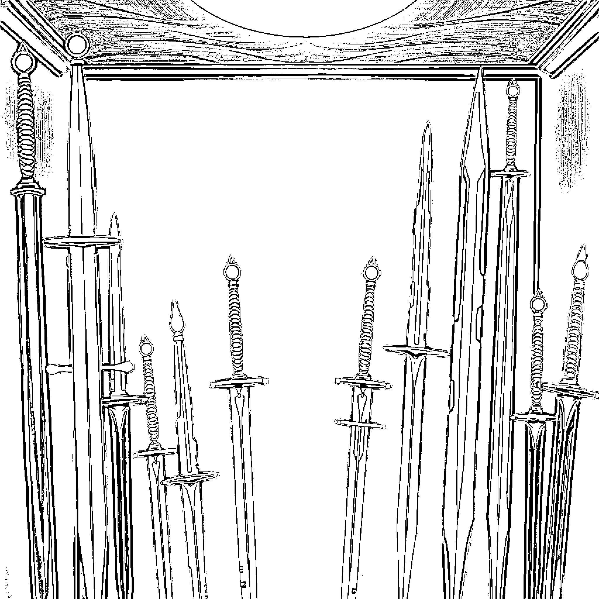 Sword Armory in Fantastical Realm Coloring Page (free black-and-white line drawing printable PDF for all, from beginners to advanced learners, including children, teens, adults, and seniors)
