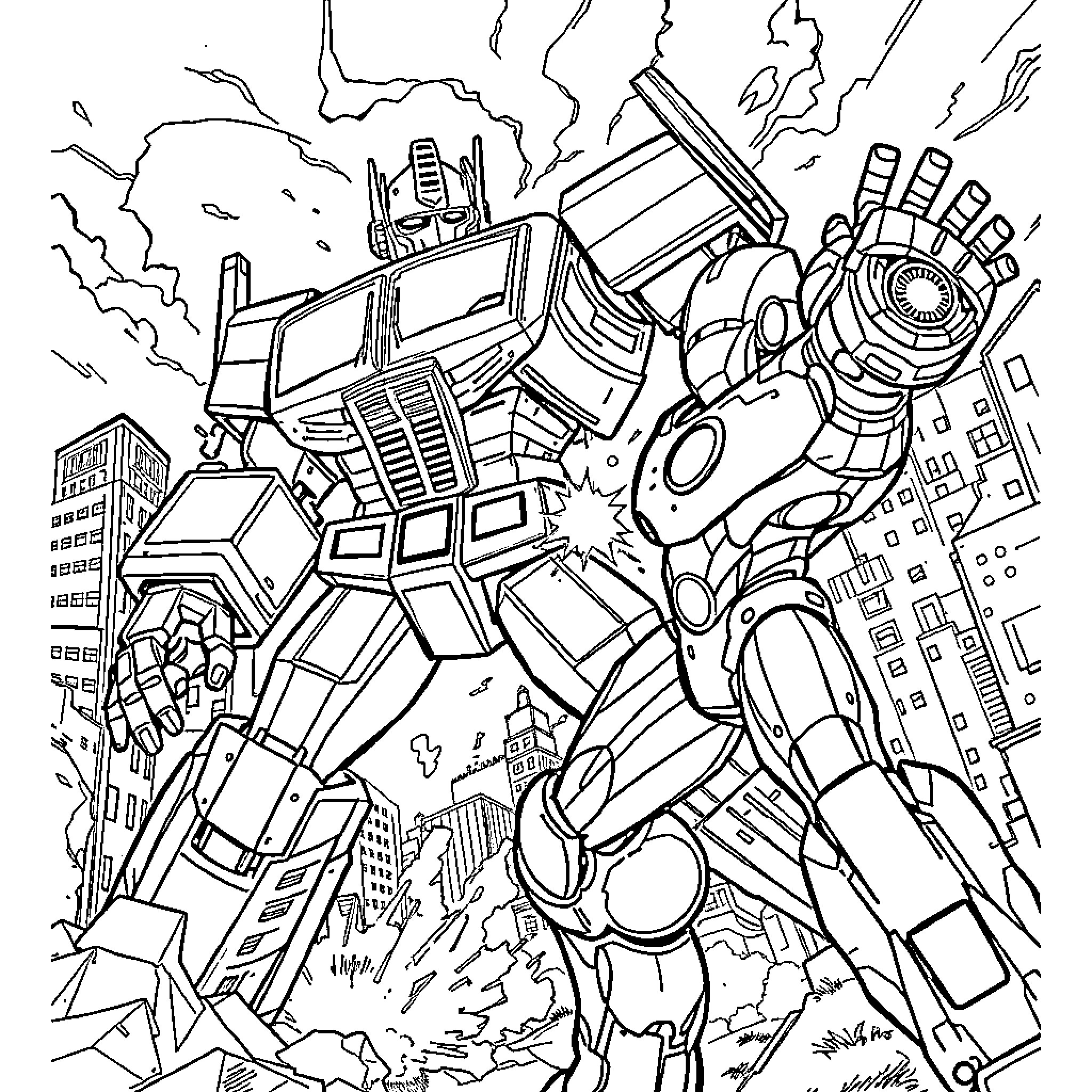 Optimus Prime Battles in Dramatic Cityscape Coloring Page (free black-and-white line drawing printable PDF for all, from beginners to advanced learners, including children, teens, adults, and seniors)