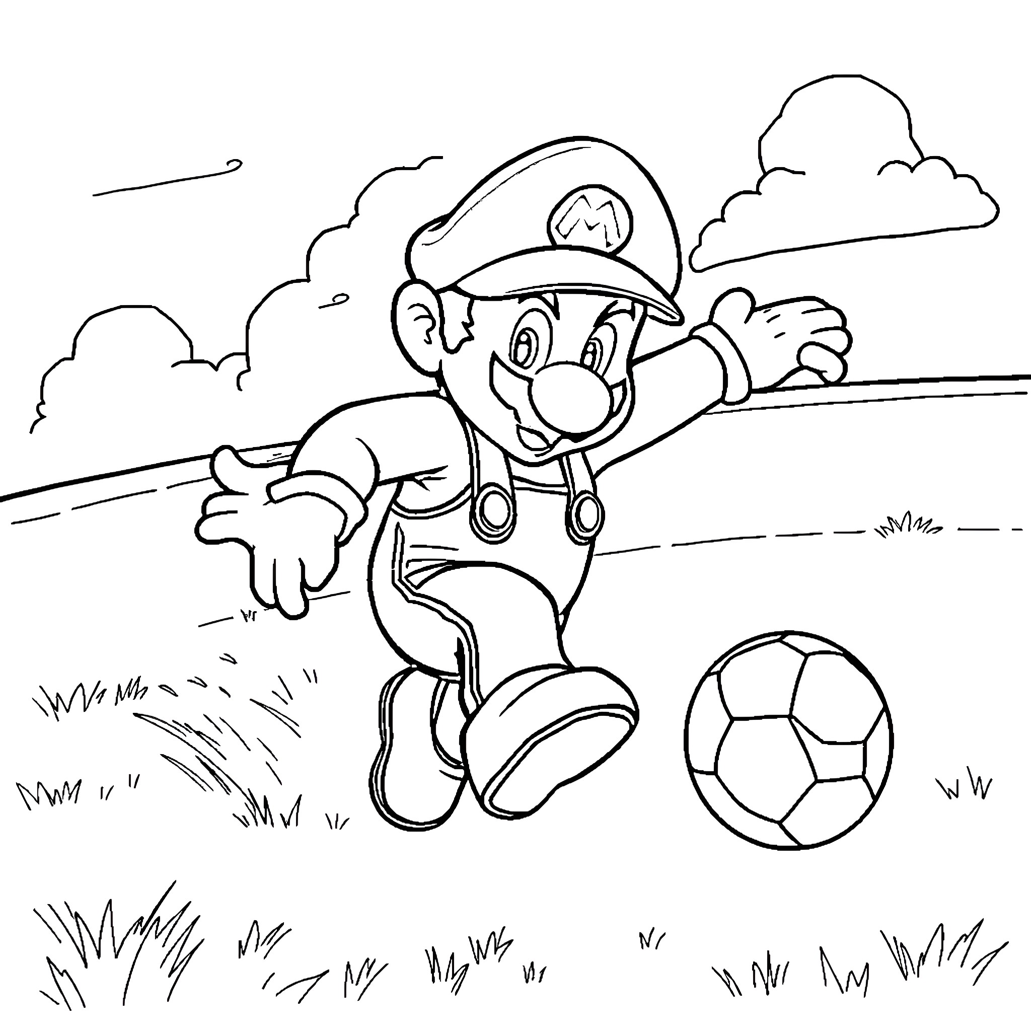 Mario playing with a soccer ball in a grassy field Coloring Page (free black-and-white line drawing printable PDF for all, from beginners to advanced learners, including children, teens, adults, and seniors)