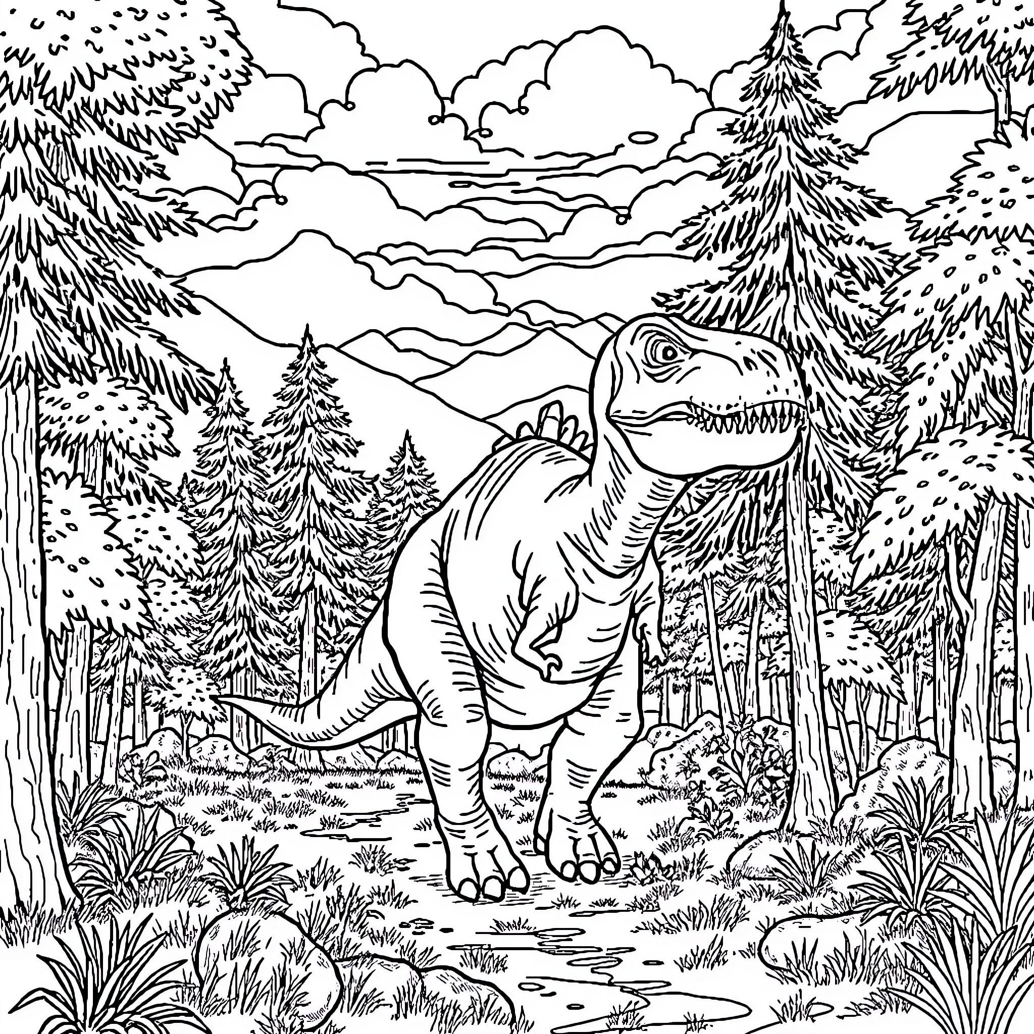 Dinosaur roaming in the wilderness Coloring Page (free black-and-white line drawing printable PDF for all, from beginners to advanced learners, including children, teens, adults, and seniors)