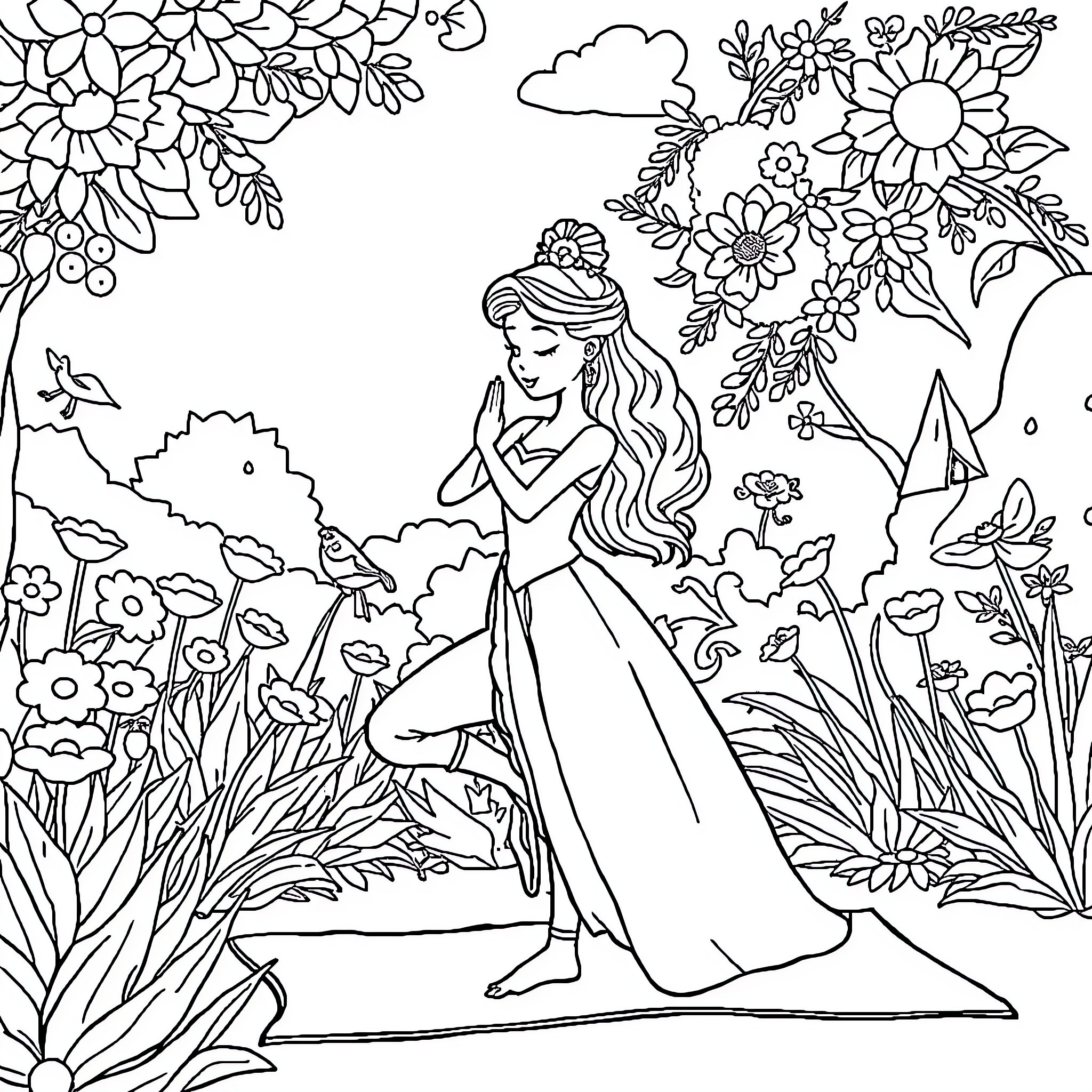 Princess in a Floral Garden Coloring Page (free black-and-white line drawing printable PDF for all, from beginners to advanced learners, including children, teens, adults, and seniors)