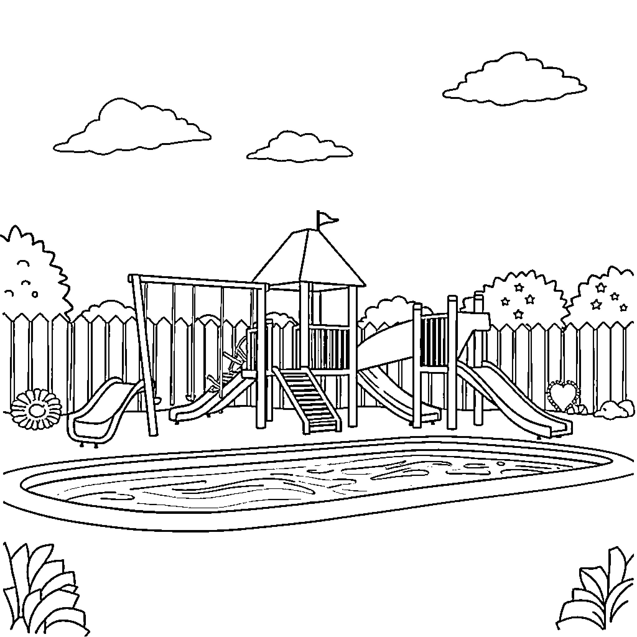 Playground with slides, climbers, and playful structures Coloring Page (free black-and-white line drawing printable PDF for all, from beginners to advanced learners, including children, teens, adults, and seniors)