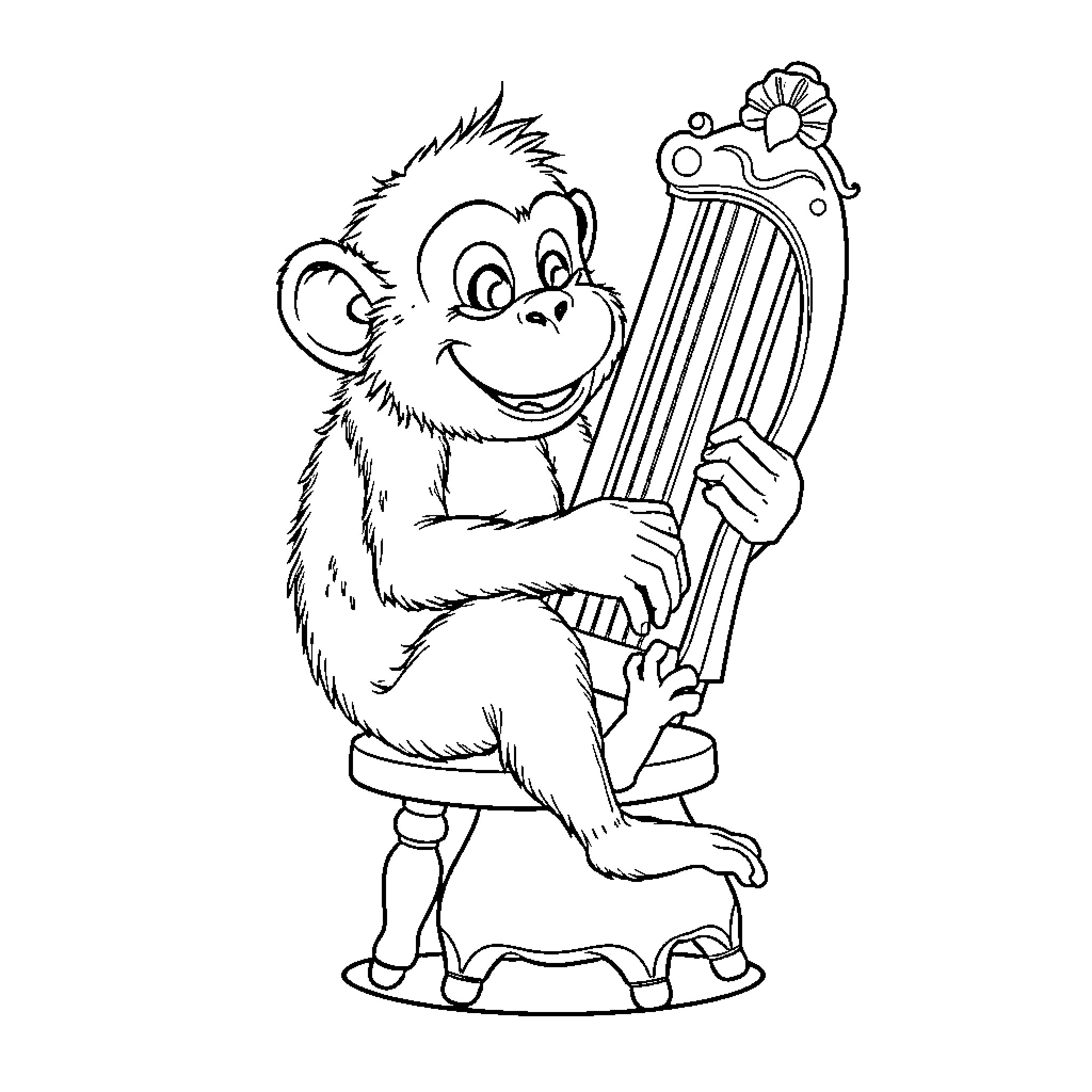 Monkey playing happily with a musical instrument Coloring Page (free black-and-white line drawing printable PDF for all, from beginners to advanced learners, including children, teens, adults, and seniors)