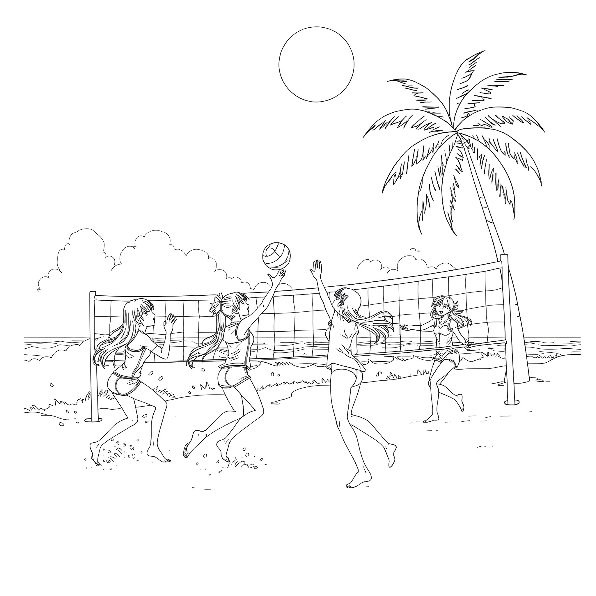 Anime Girls Playing Beach Volleyball on a Sunny Day Coloring Page (free black-and-white line drawing printable PDF for all, from beginners to advanced learners, including children, teens, adults, and seniors)