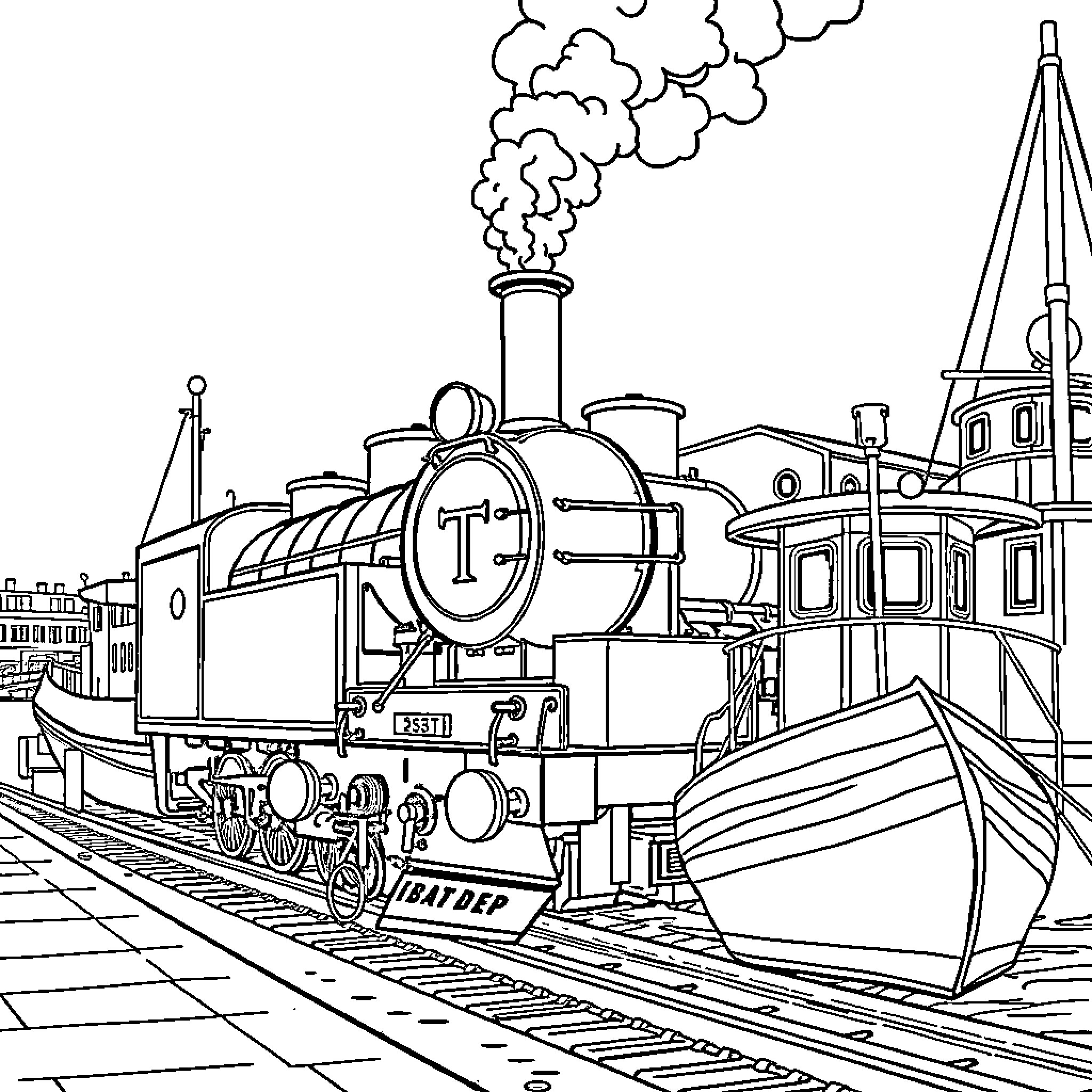 Locomotive departing from the station Coloring Page (free black-and-white line drawing printable PDF for all, from beginners to advanced learners, including children, teens, adults, and seniors)