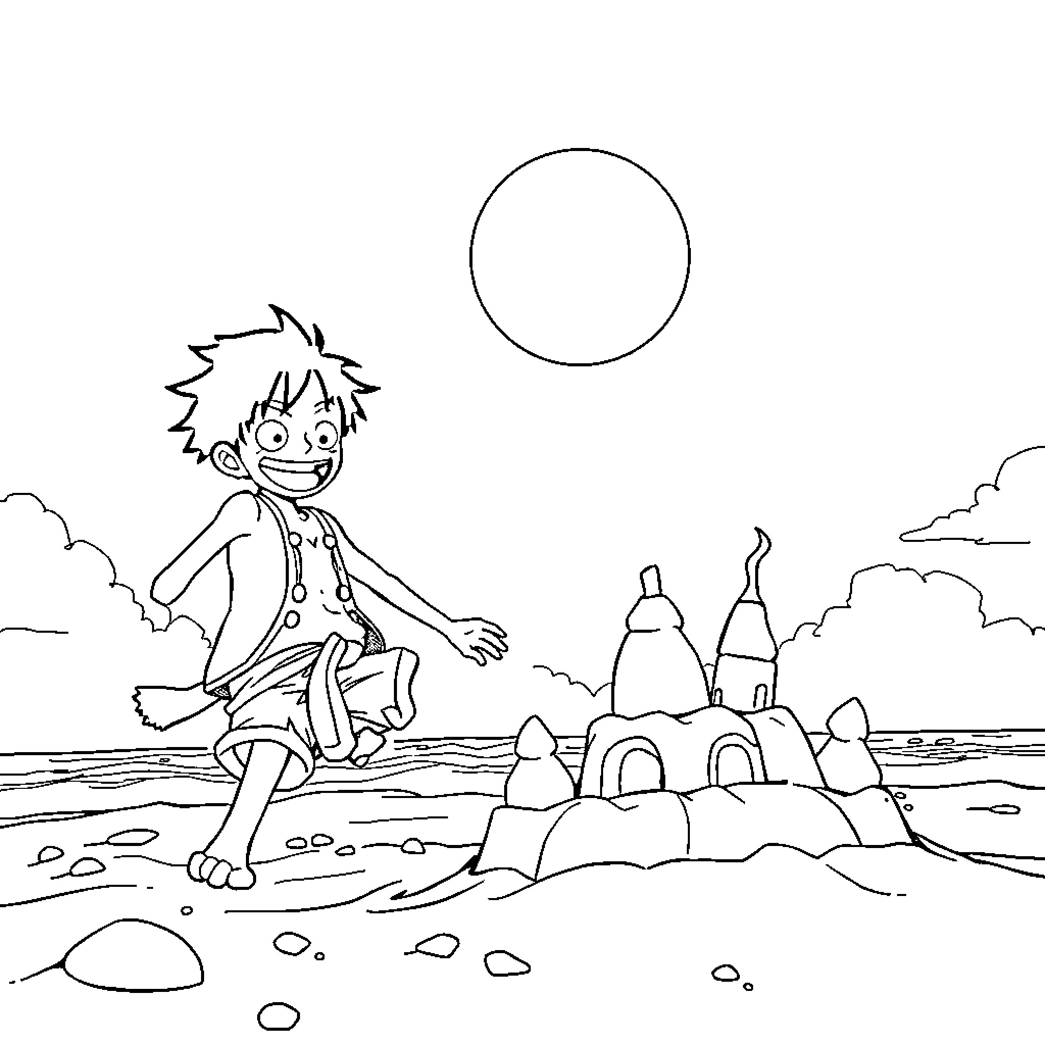 Luffy's Beachside Adventure Coloring Page (free black-and-white line drawing printable PDF for all, from beginners to advanced learners, including children, teens, adults, and seniors)