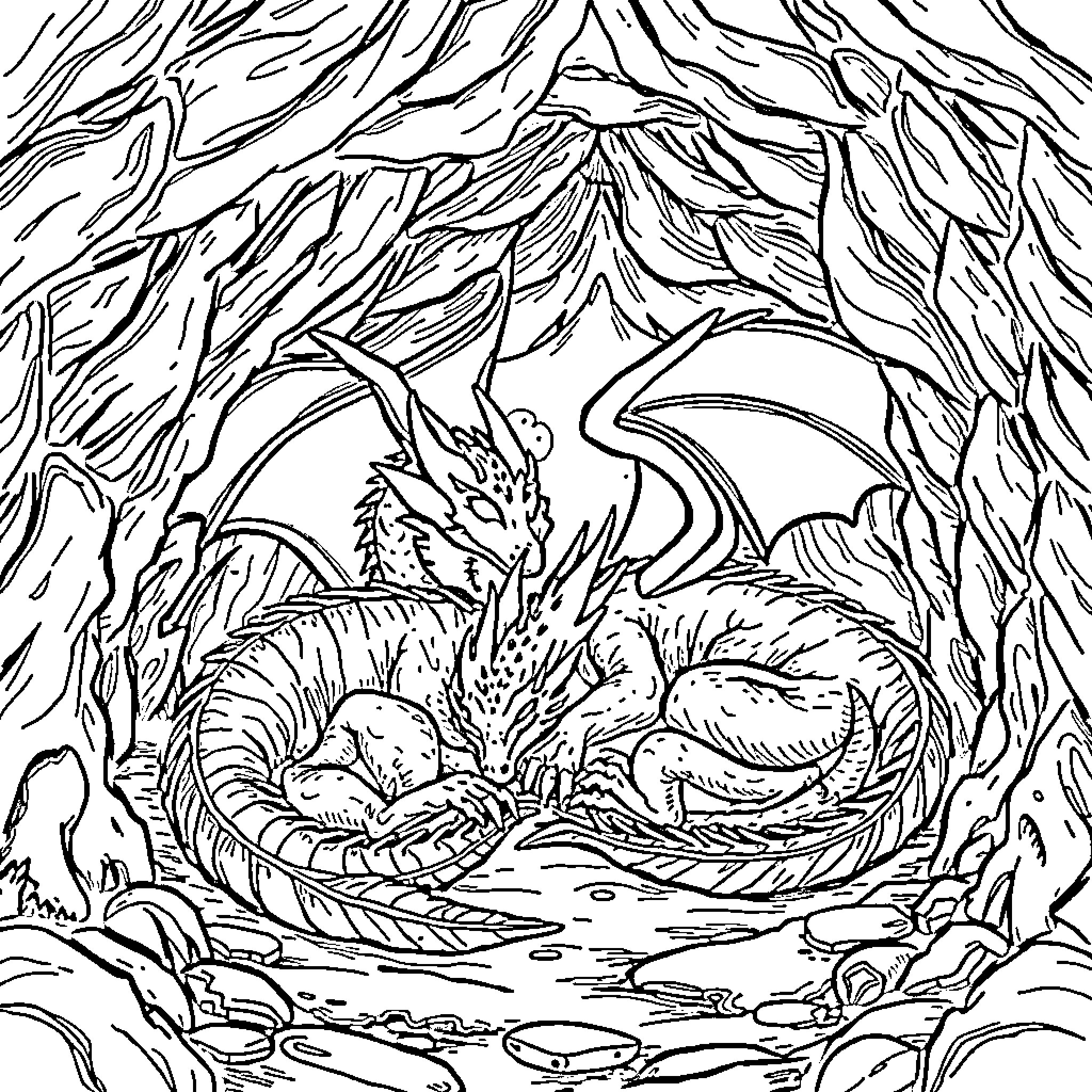 Dragon sleeping in its nest Coloring Page (free black-and-white line drawing printable PDF for all, from beginners to advanced learners, including children, teens, adults, and seniors)