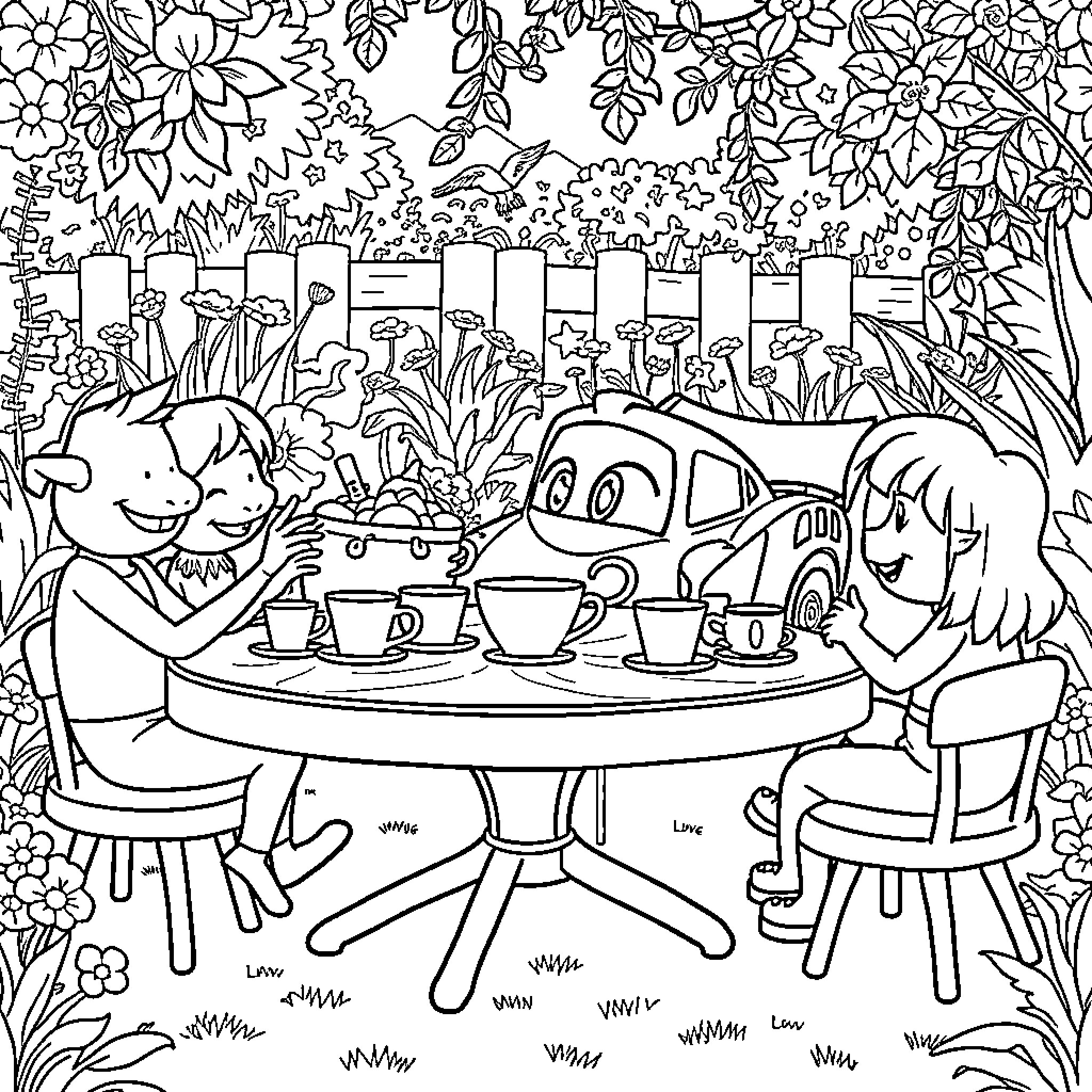 Flash McQueen's Outdoor Tea Party with Friends Coloring Page (free black-and-white line drawing printable PDF for all, from beginners to advanced learners, including children, teens, adults, and seniors)