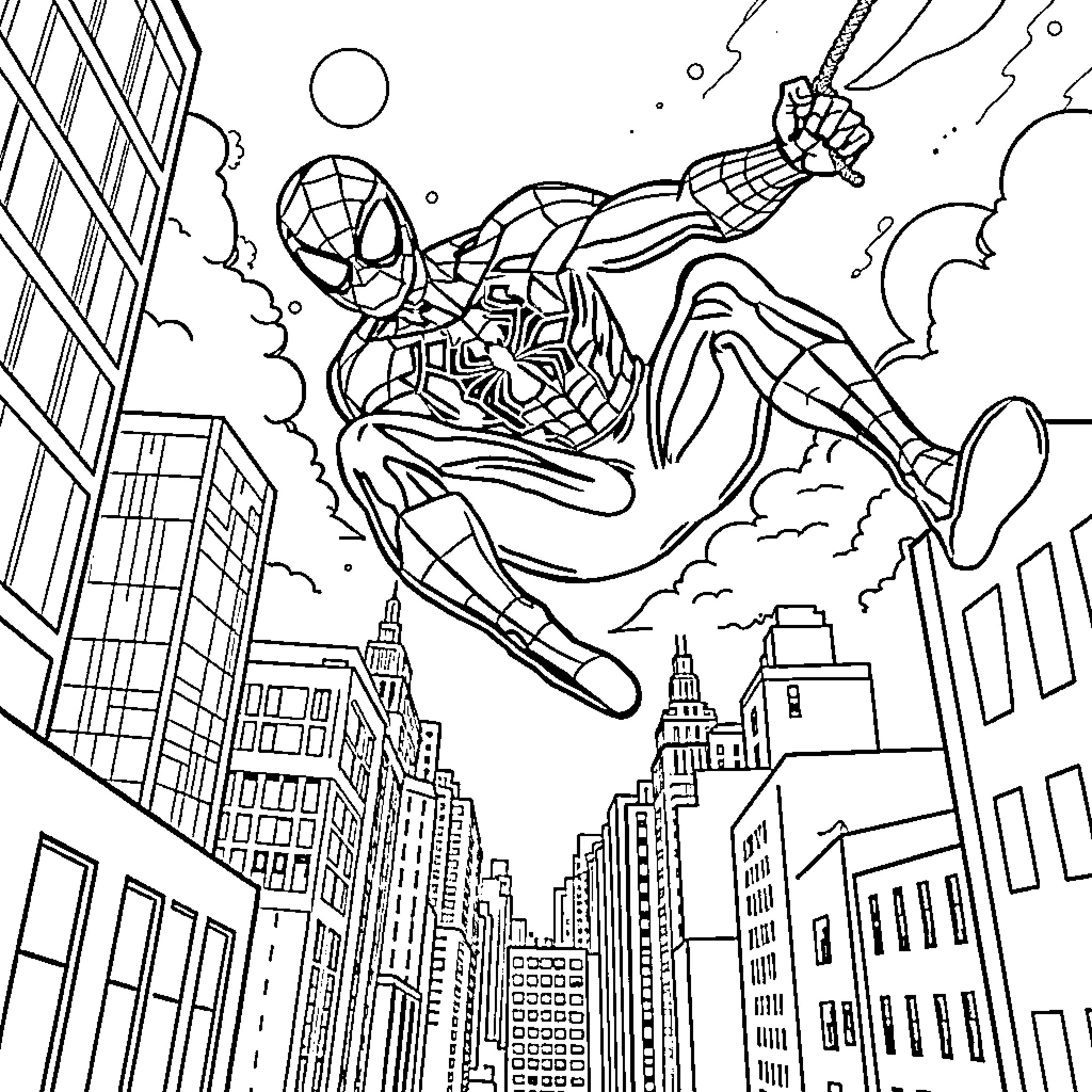Spiderman swinging through the city skyline Coloring Page (free black-and-white line drawing printable PDF for all, from beginners to advanced learners, including children, teens, adults, and seniors)