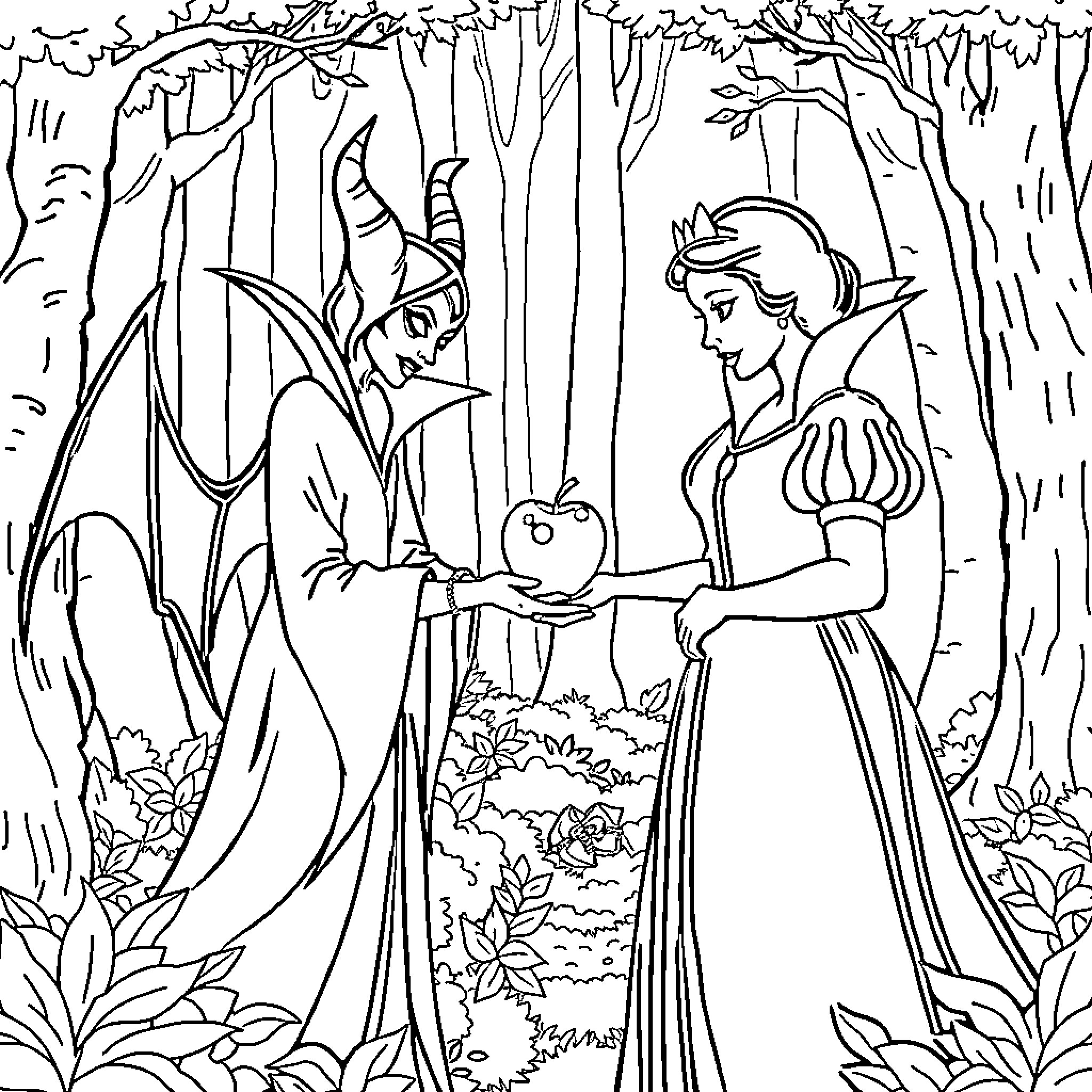 Snow White's encounter with the prince in the forest Coloring Page (free black-and-white line drawing printable PDF for all, from beginners to advanced learners, including children, teens, adults, and seniors)