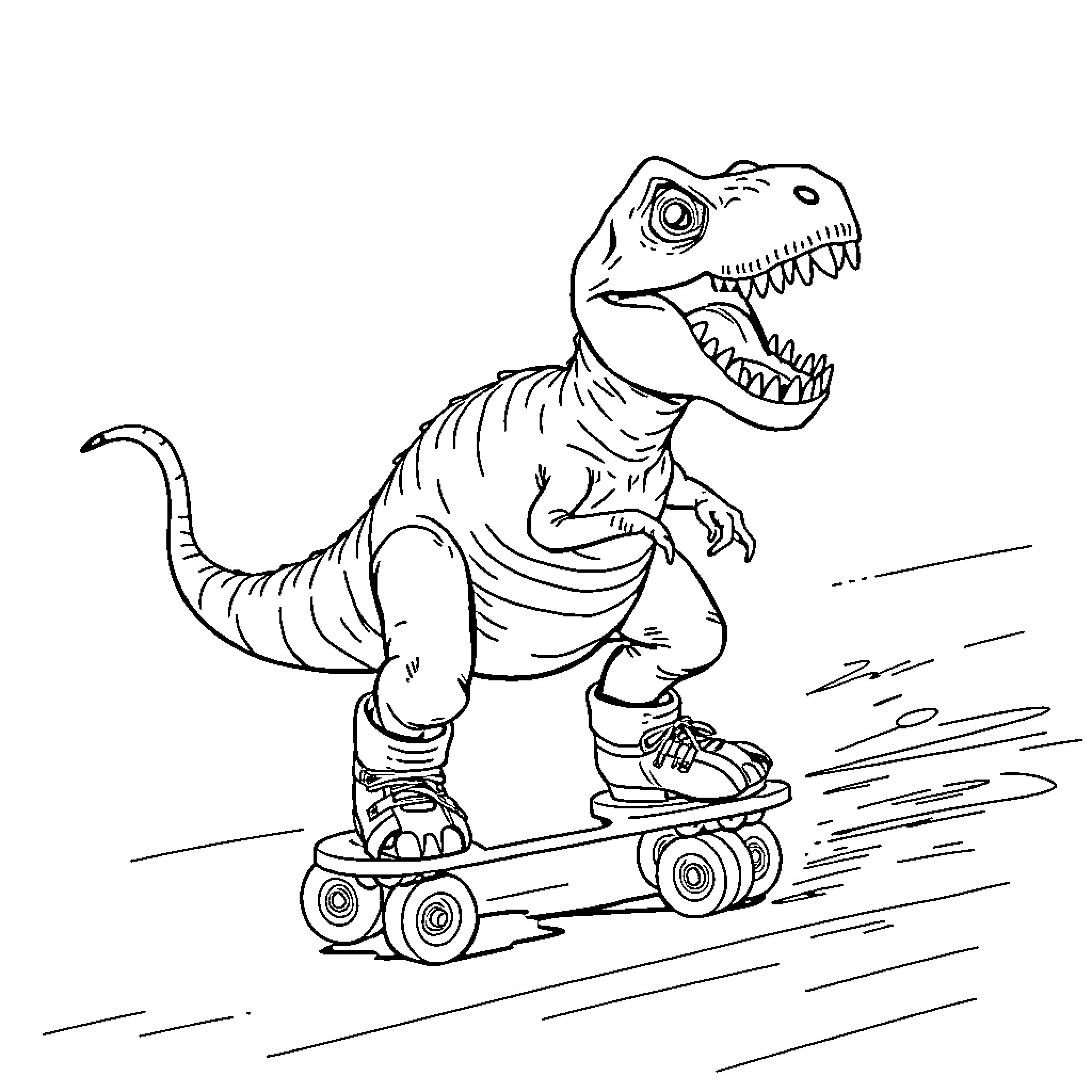 T-Rex riding a skateboard excitedly Coloring Page (free black-and-white line drawing printable PDF for all, from beginners to advanced learners, including children, teens, adults, and seniors)